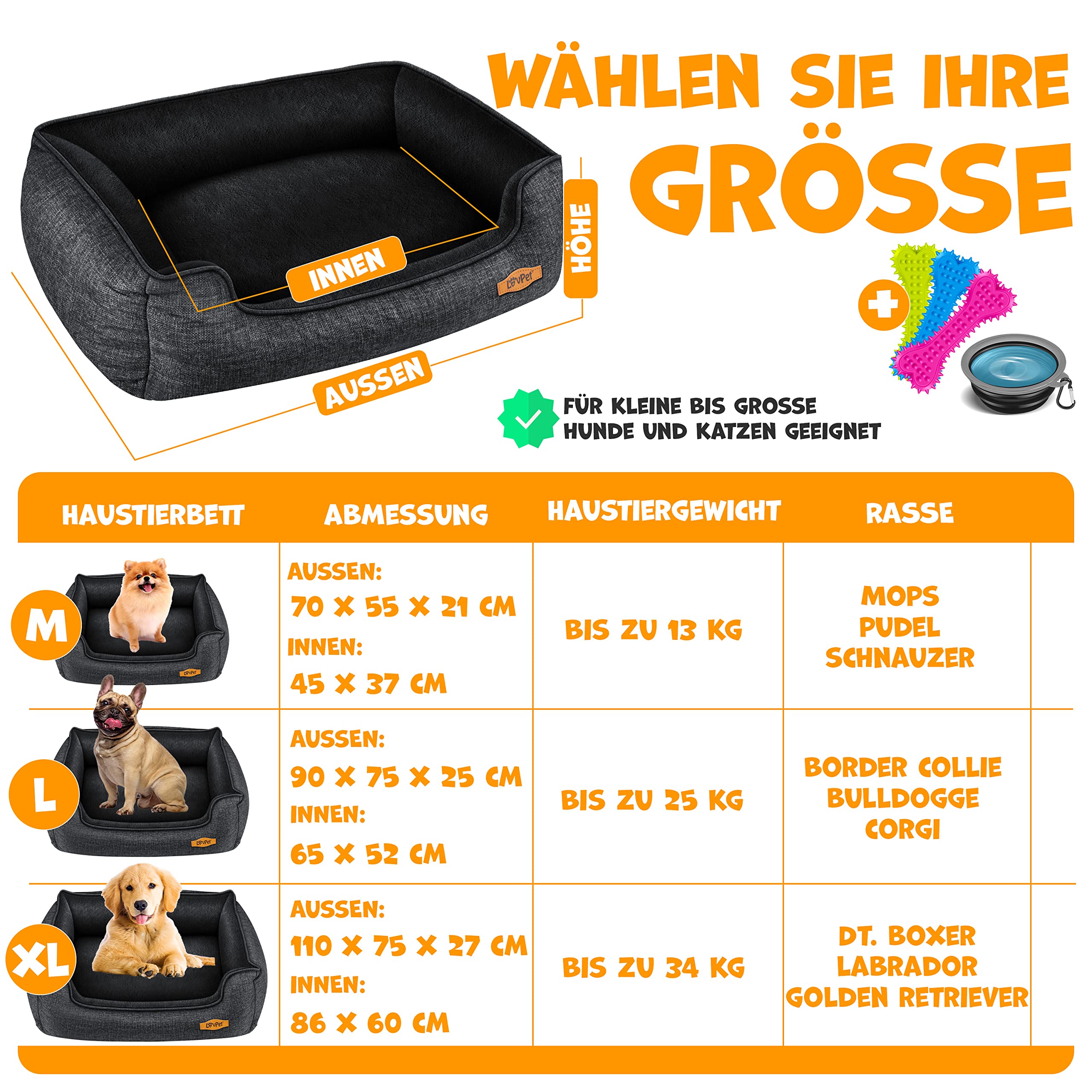 Lovpet® Cuccia per Cani Cuscino per Cani Letto per Cani, incl. Ciotola + 3X Ossa da Masticare, Cuscino per Divano per Cani di Ogni Taglia, Rivestimento Rimovibile e Lavabile, M 70 x 55 x 21 cm