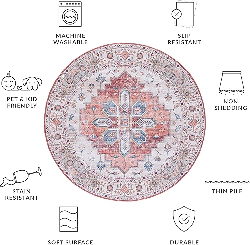 Miniatura 3 de SAFAVIEH Tucson Collection - Alfombra redonda de 6 pies, diseño de medallón persa, no desprende pelusa, lavable a máquina y antideslizante, ideal