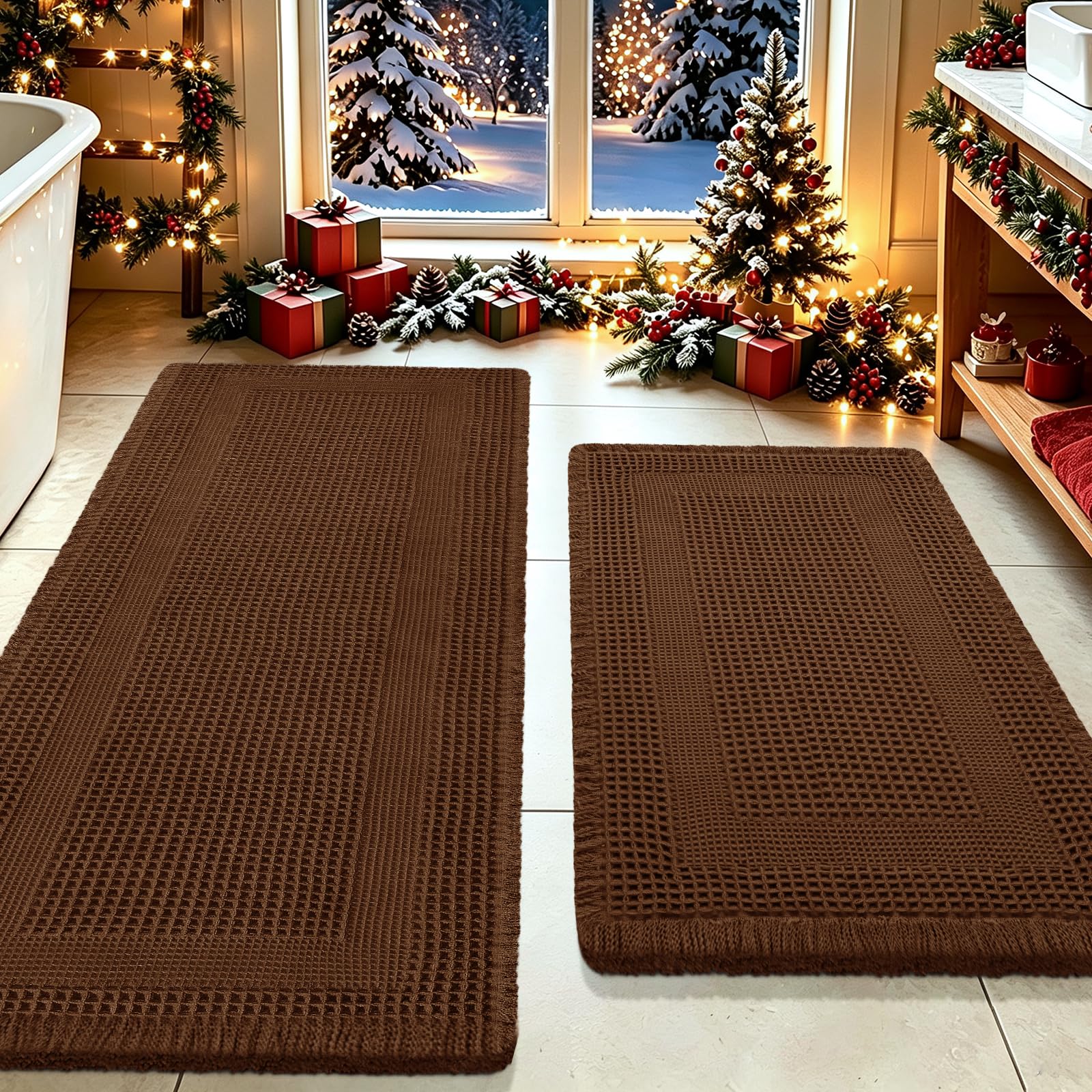 Waffle Bath Mat Set 2 Piece, Boho Woven Modern Bath Rug Absorbent Non Slip, Ultra Soft Bathroom Mats, Machine Washable Knit Bath Rugs with Tassels for Bathroom, Bedroom, Kitchen, Shower, Tub, Brown
