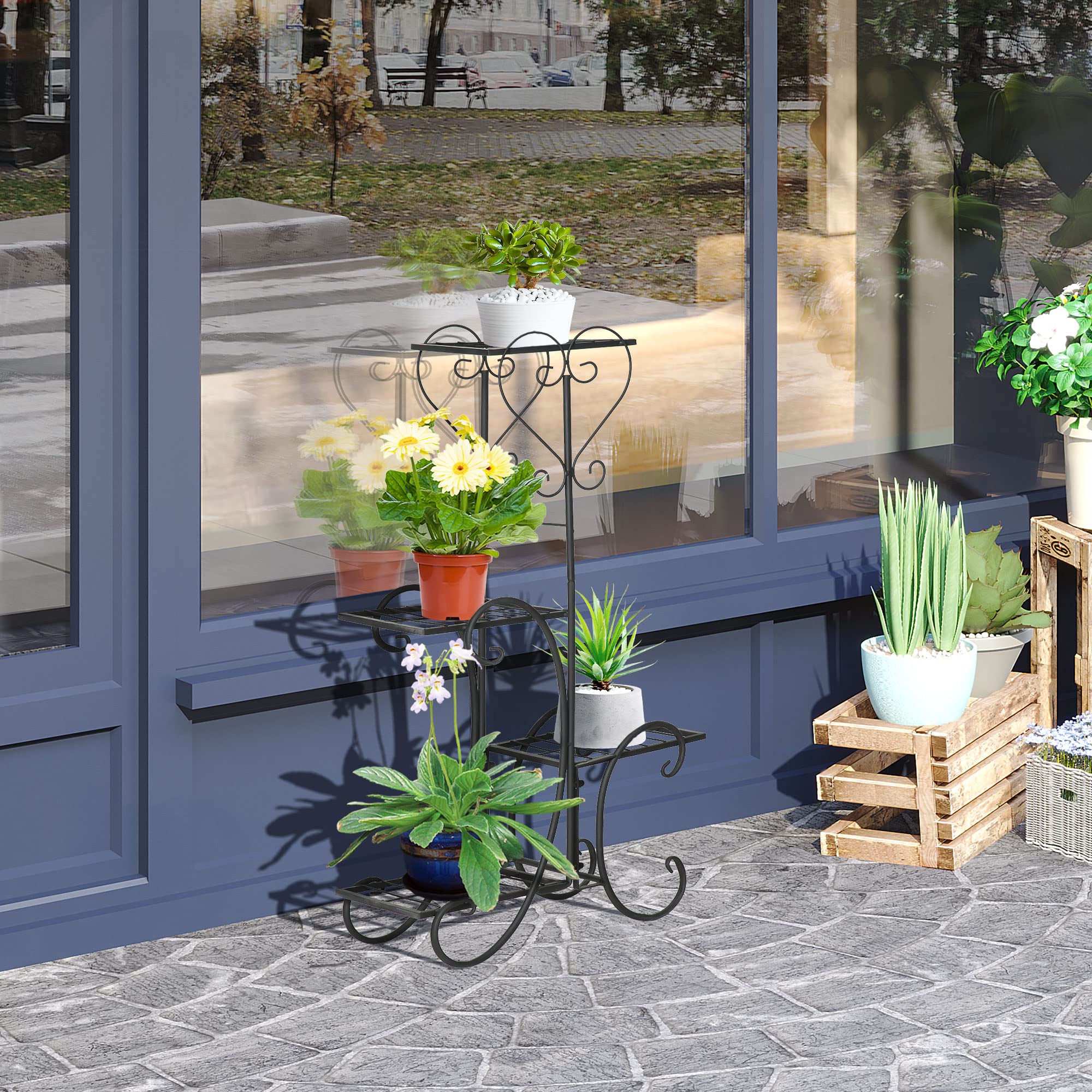 Outsunny Blumenständer 4 Ebenen Pflanzenregal Outdoor 45x24,5x80 cm | Blumenregal aus Metall, Blumentreppe, Innen & Außen, Garten, Balkon, Schwarz