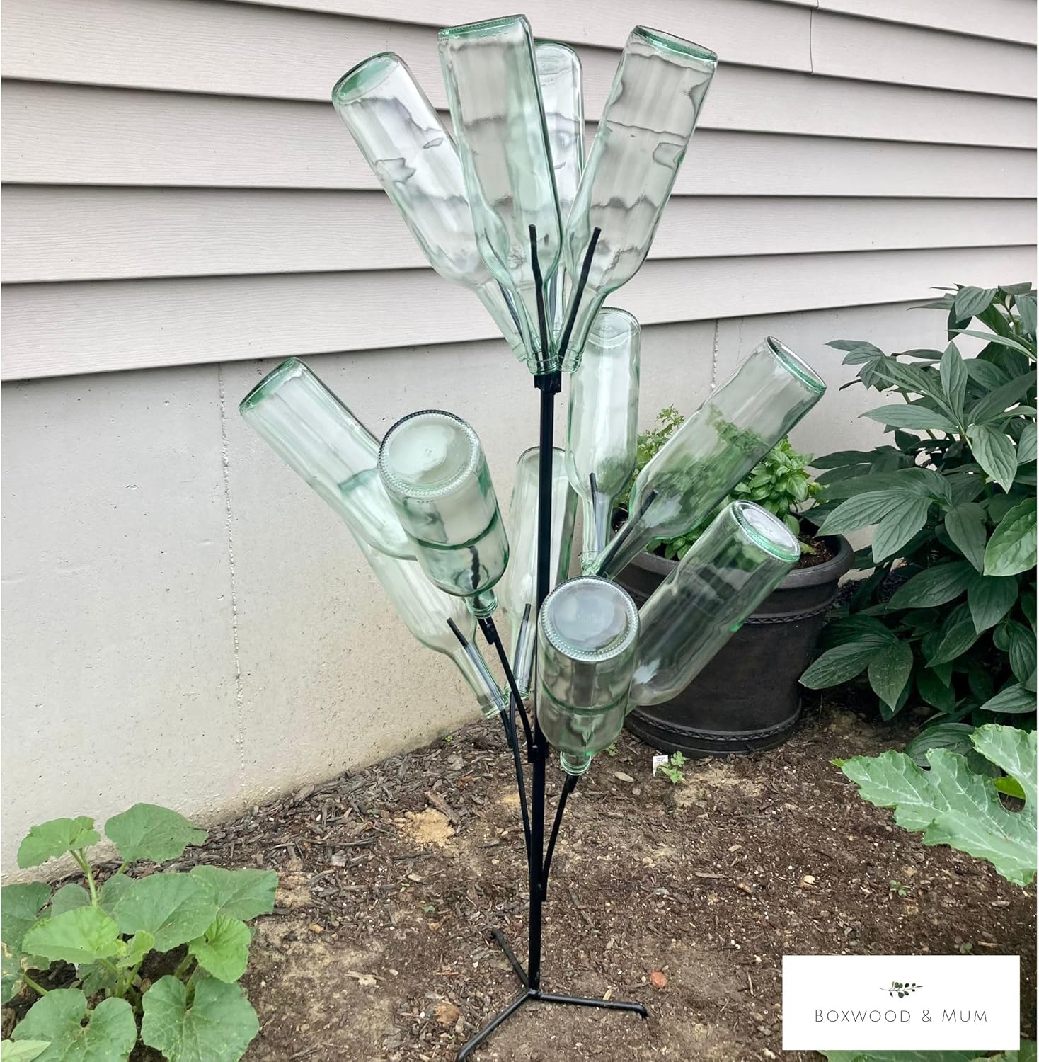 Boxwood and Mum Solid Steel Bottle Tree Stand, Outdoor Decor Garden Yard Art, Metal Wine Bottle Tree for Garden Decorations, Wrought Iron Bottle Holder with Powder Coated Finish, Amish Made in USA