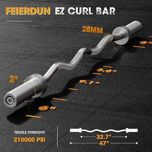 Miniatura 6 de FEIERDUN Barra olímpica EZ Curl Bar de 47 pulgadas, 4 pies, 5 pies, 6 pies, 7 pies para levantamiento de pesas, empujes de cadera, sentadillas y