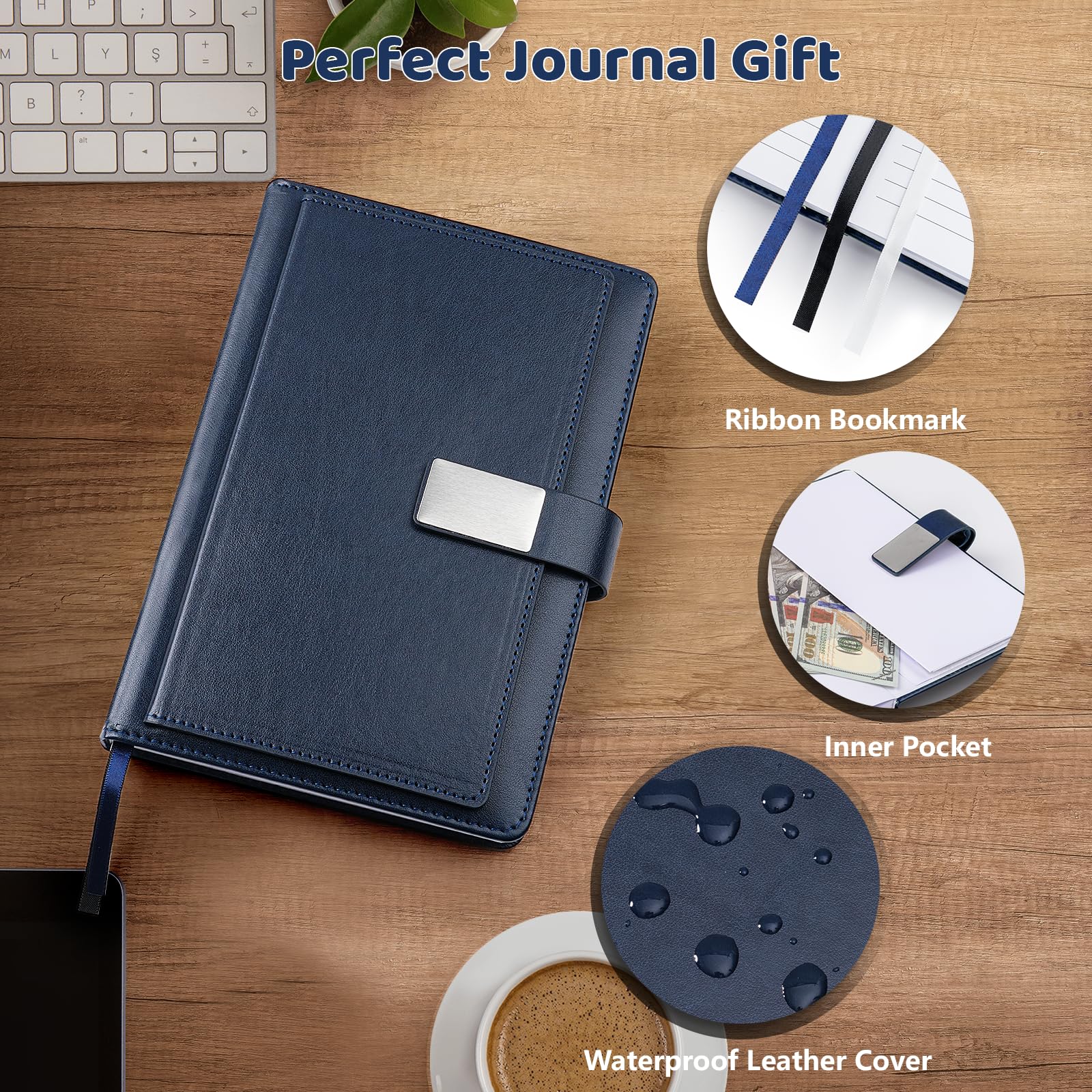 Taccuino a righe per uomini e donne, copertina rigida, in pelle, a righe, per lavoro, 256 pagine di carta da 100 g/m², formato A5; regalo per le vacanze per colleghi, blu navy