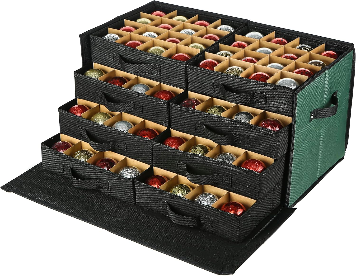 Christmas Ornament Storage Box - 8 Separate Trays, Stores 128 Ornaments - Non-Woven Fabric Containers - 3 Inch Organizer Compartments