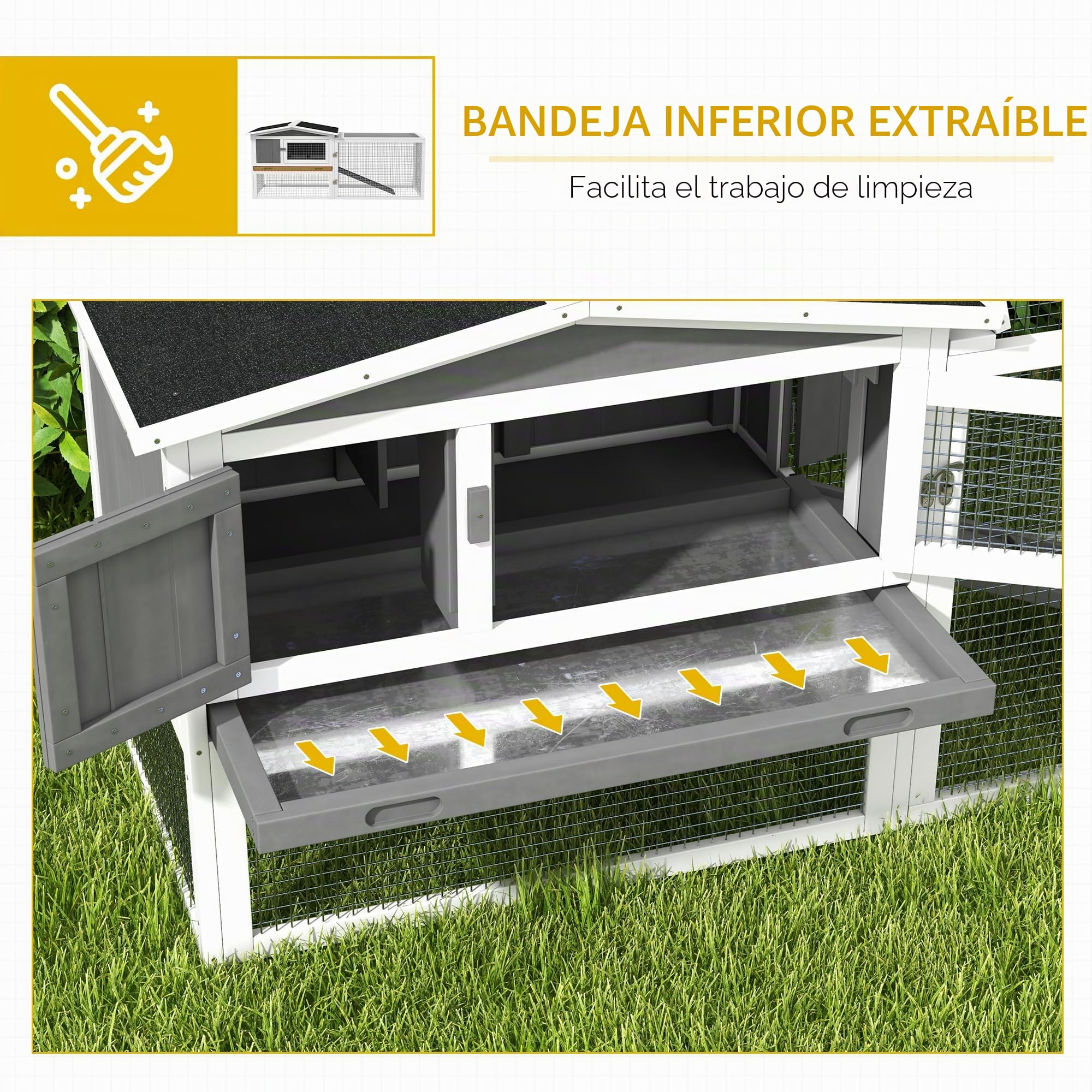 PawHut conejera para Conejos con recinto Libre Bandeja de Suelo, rampa, conejera de Madera para Animales pequeños recinto para cobayas con 2 Pisos, Ventana de visualización, para Conejos Enanos