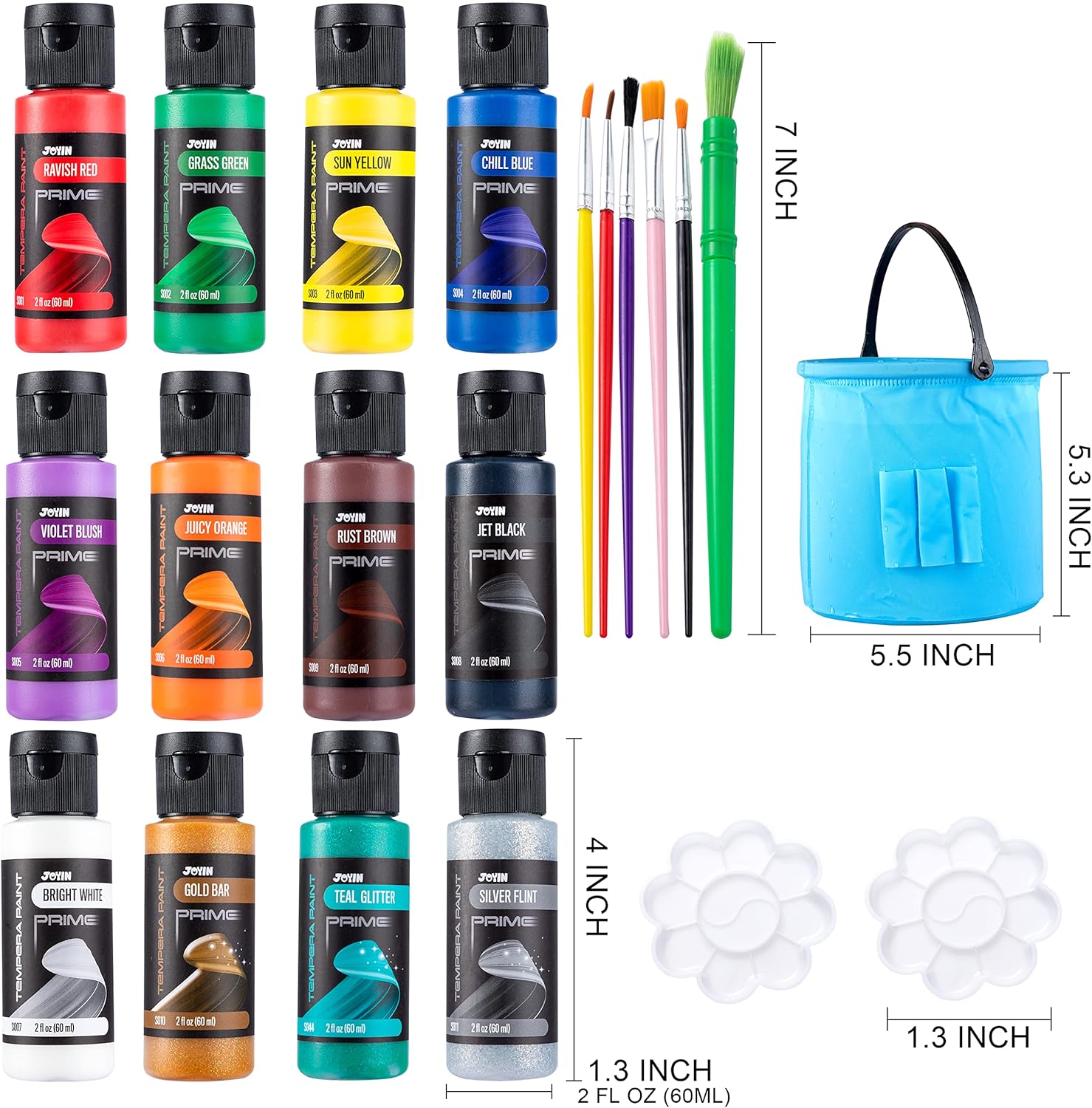 JOYIN 12PCS Washable Kids Tempera Paint Set (2 oz Each), Liquid Poster Paint with 6 Brushes, 2 Palette & 1 Paint Brush Clean Bucket, Non-Toxic Kids Paint for Finger Painting, Hobby Painters : Toys & Games