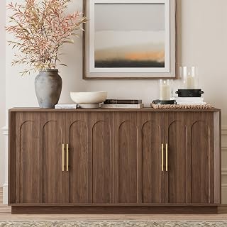 FORTUNETEC Mid Century Modern Sideboard Buffet Cabinet Walnut, Arched Doors Modular Storage Credenza for Living Room Kitchen Entryway