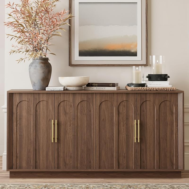 FORTUNETEC 67" Sideboard Buffet Cabinet with Storage, Arched Doors, Walnut