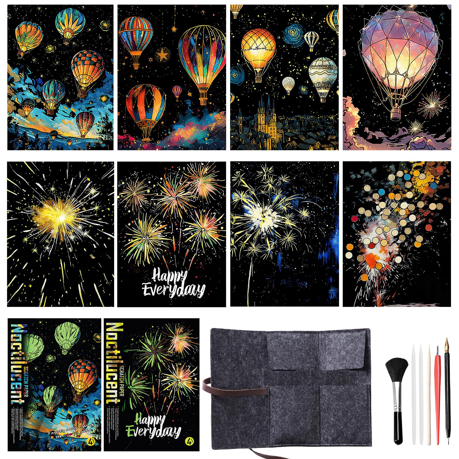Luminous Rainbow Scratch Art Notes Kit, 8-Piece Scratch-Off Cards with Stylus Tools, Hot Air Balloon and Fireworks Designs, Art Craft Supplies for Kids and Adults — image 1