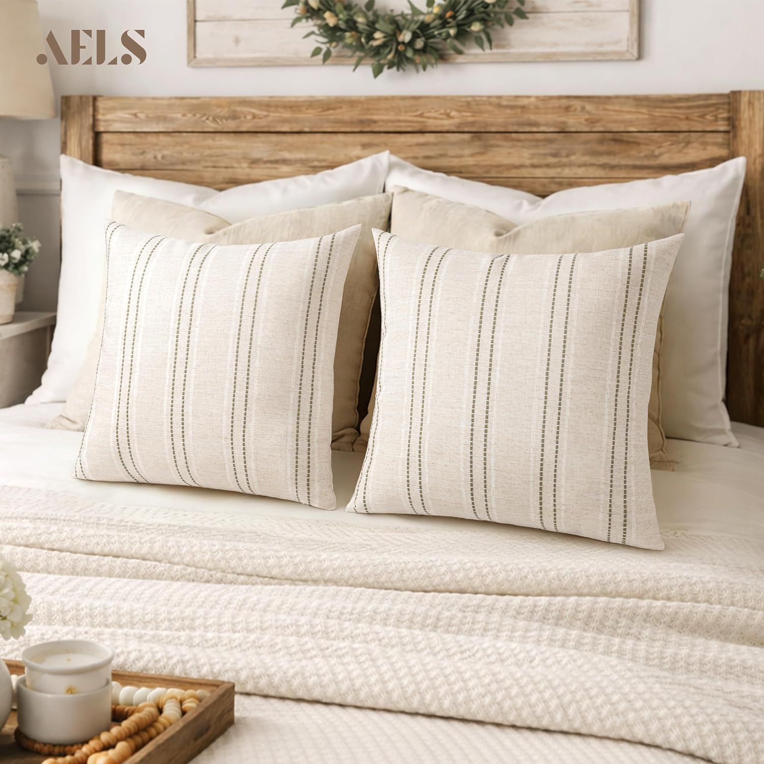 AELS 22x22 Decorative Farmhouse Linen Throw Pillow Covers, Boho Textured Pillow Case, Set of 2, Beige with White & Brown Stitch Yarn Dyed Stripe Cushion Cover for Sofa Couch Living Room (Cover ONLY) - Image 6