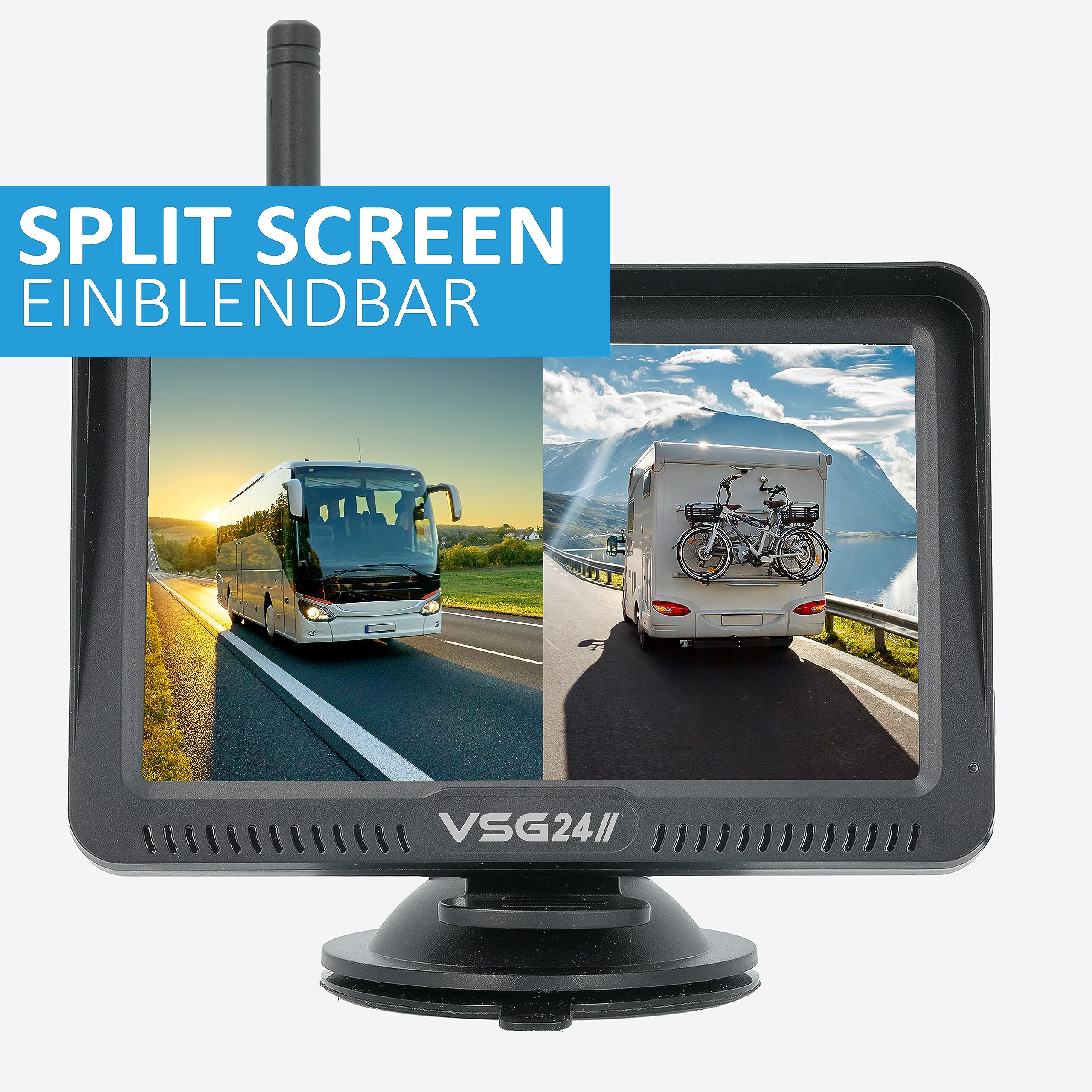 VSG24 5“ HD Set 2 Kameras Funk Rückfahrsystem Premium ONE für PKW, KFZ Set kabellos inkl. Rückfahrkamera + Monitor, einfach zum Nachrüsten 12V-24V, Nummernschild Kamera digital, Auto Rückspiegel