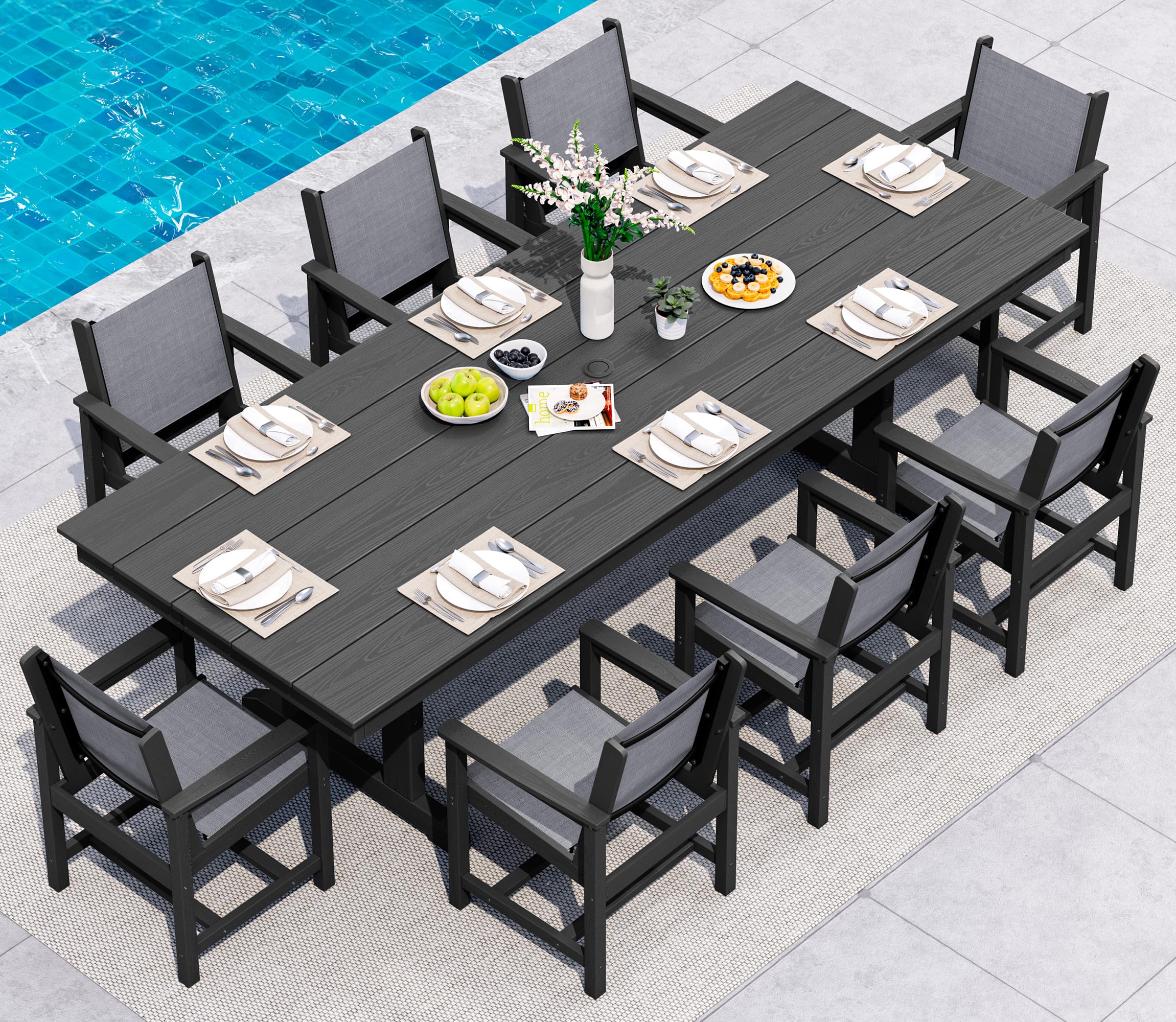 SERWALL 9Pcs HDPE Outdoor Dining Set for 8 with Sling Chairs,Black/Gray