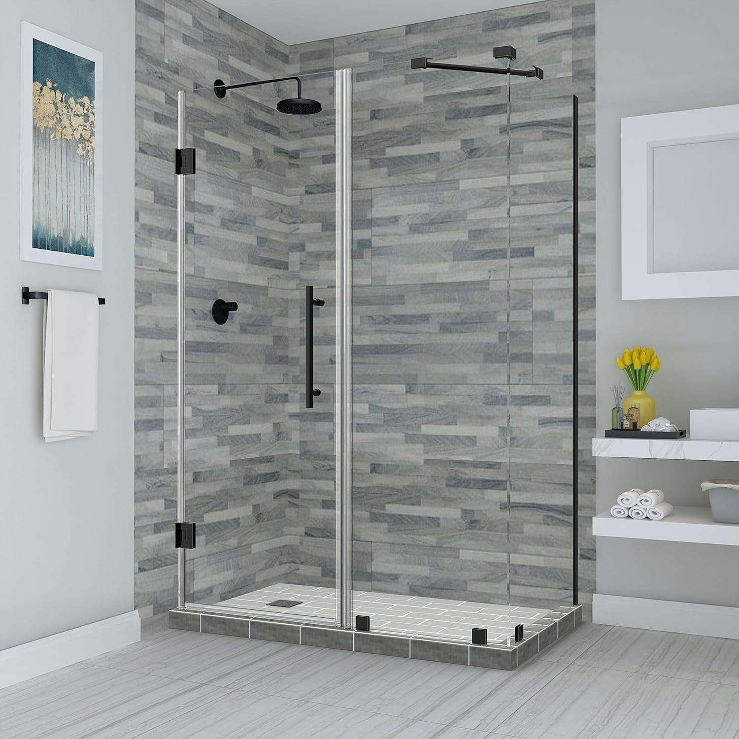 Aston SEN967EZ-SS-482636-10 Bromley Frameless Hinged Shower Enclosure with StarCast Clear Glass, 47.25" to 48.25" x 36.375" x 72", Stainless Steel