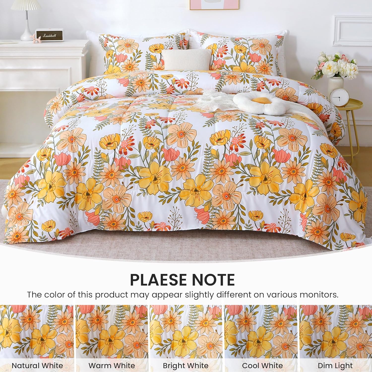 Mooreeke Floral Duvet Cover King Size, 2 Piece Pink & Yellow Flower Patterned Duvet Cover Set with Zipper Closure, Soft & Breathable Microfiber Bedding Set with 4 Corner Ties and 2 Pillow Shams