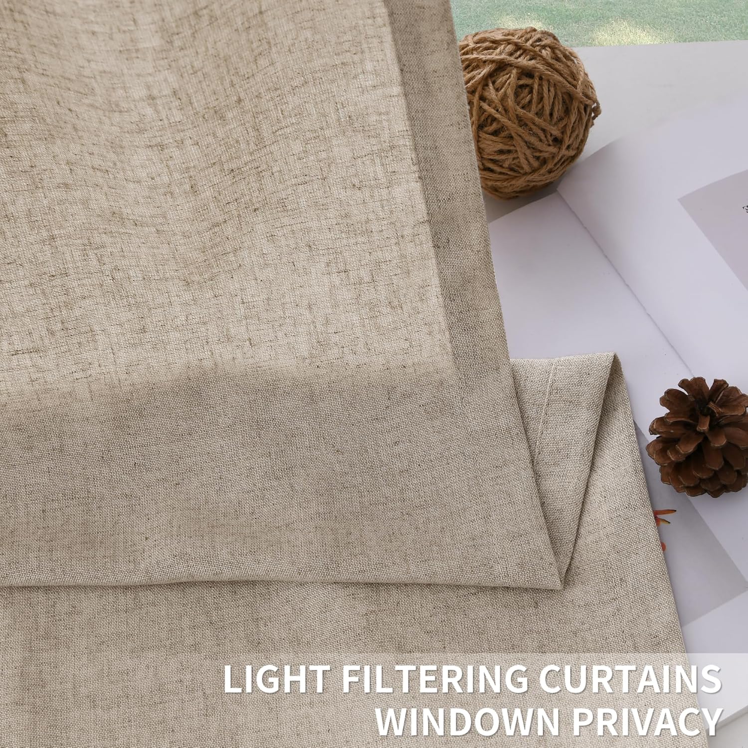 Light Khaki Pinch Pleated Linen Curtains 90 Inches Long Country Boho Farmhouse Semi Sheer Textured Linen Blended Light Filtering Curtain for Living Room Bedroom Pleated Drapes with Hooks Rings 40x90