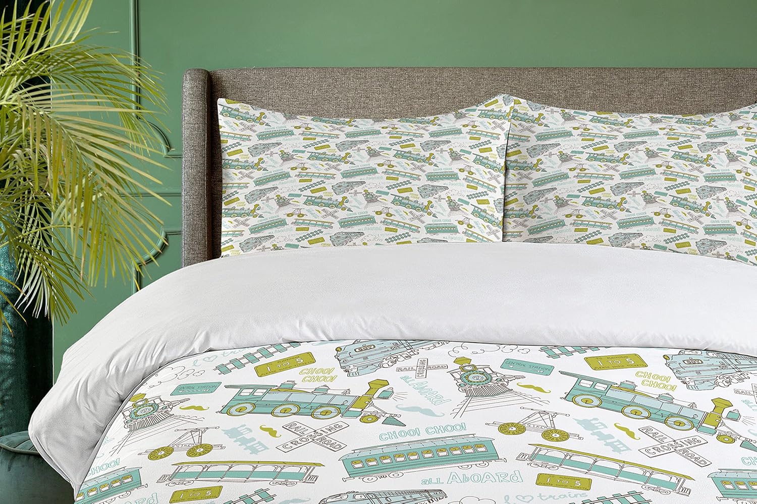 Ambesonne Steam Engine Duvet Cover Set, Choo Choo Train Pattern and Number Signs Vintage Travel Theme Print, Decorative 3 Piece Bedding Set with 2 Pillow Shams, Twin Size, Apple Green Turquoise Twin Apple Green Turquoise