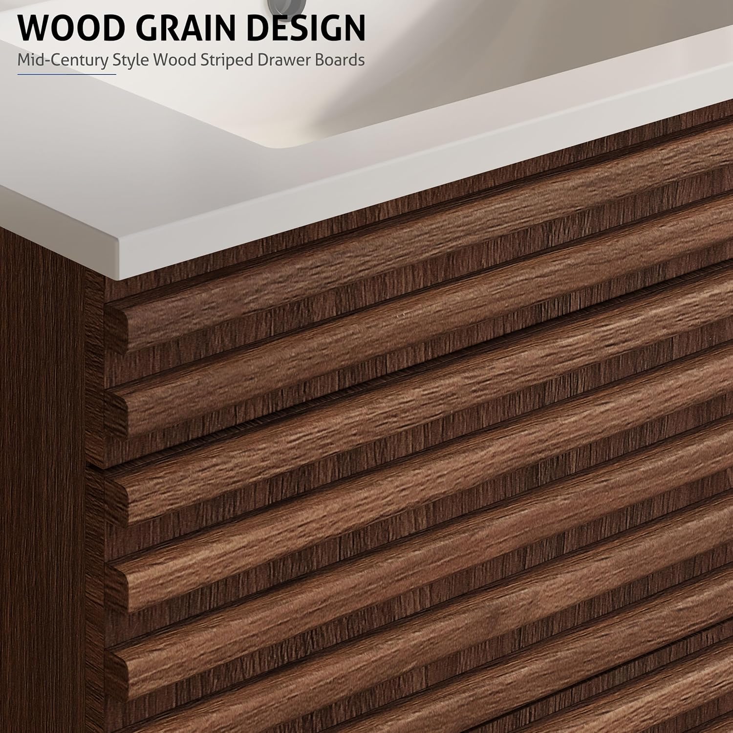 eclife 36" Floating Bathroom Vanity with Sink Combo Mid-Century Wall Mounted Cabinet with Wood Stripes Decor, Drawers, Undermount Single Sink, Faucet, Drain, Cocoa Brown