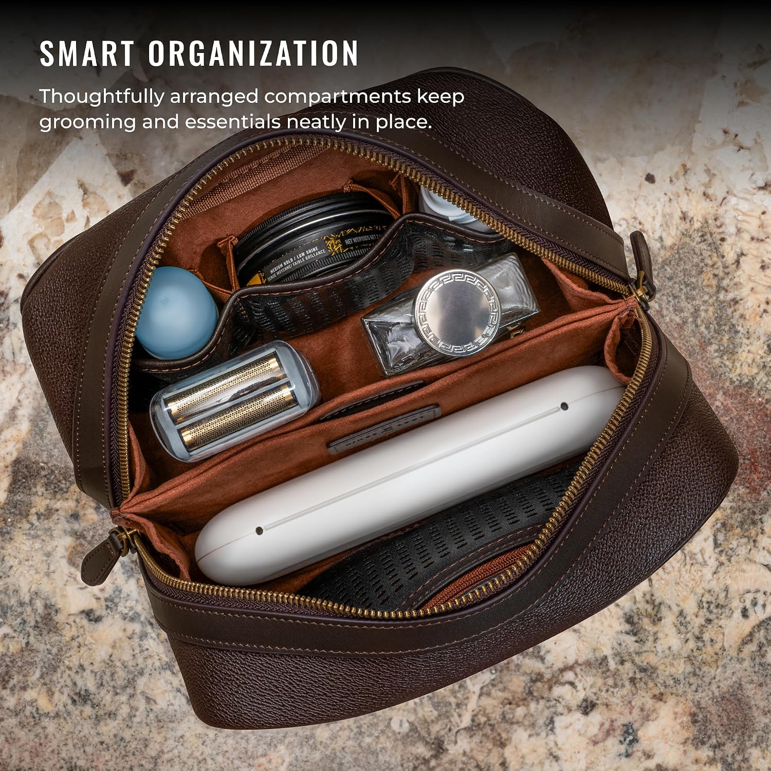 Kings Loot Premium Dopp Kit | Handcrafted Full-Grain Leather Toiletry Bag | Innovative Magnetic Closures | Expertly Designed Storage Compartments | Built-In Handle (Truffle)