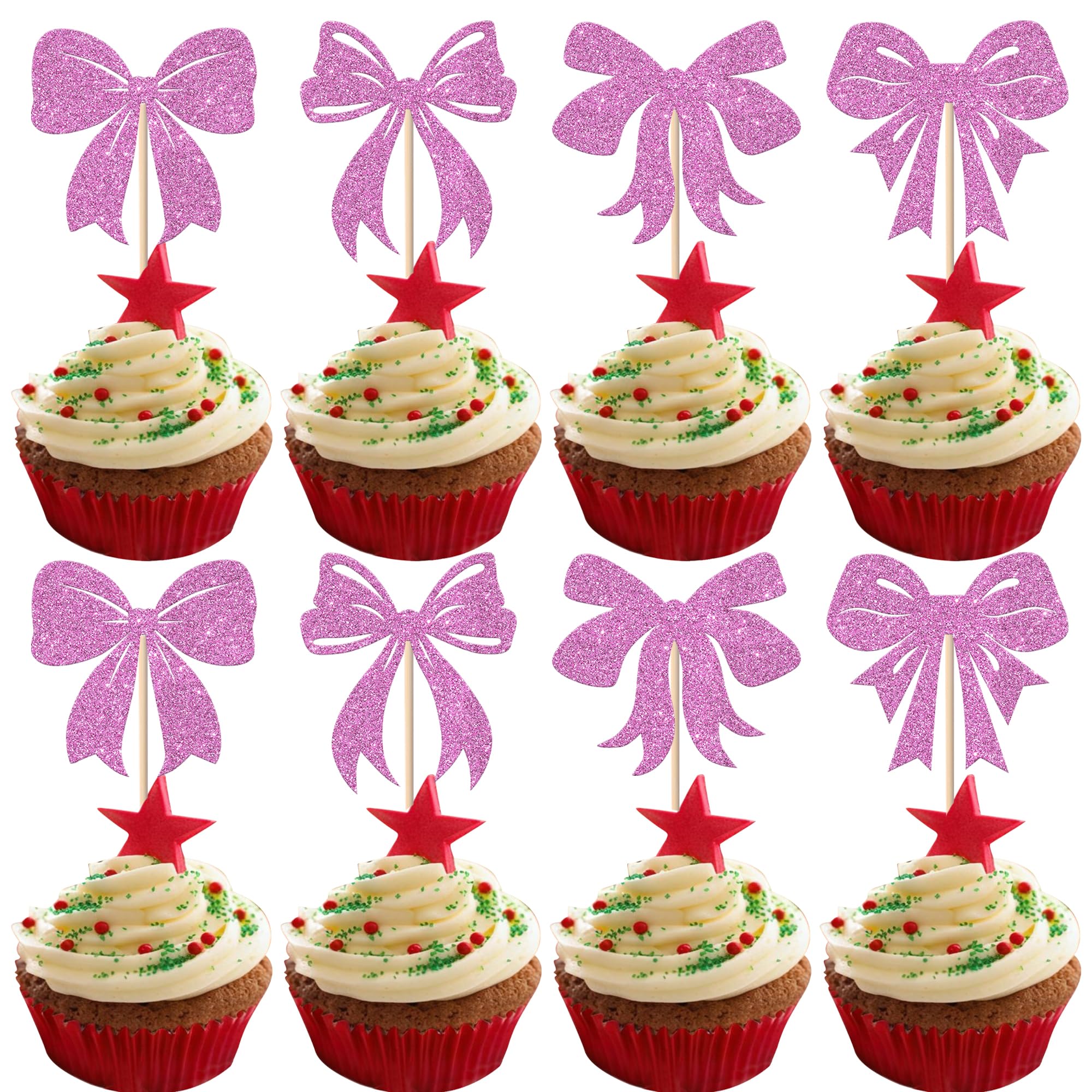 Xsstarmi 24 Pack Bow Cupcake Toppers Purple Glitter Bow Themed Birthday Cupcake Picks Bowknot Cupcake Decorations for Wedding Engagement Bridal Shower Birthday Party Cake Decorations Supplies — image 1