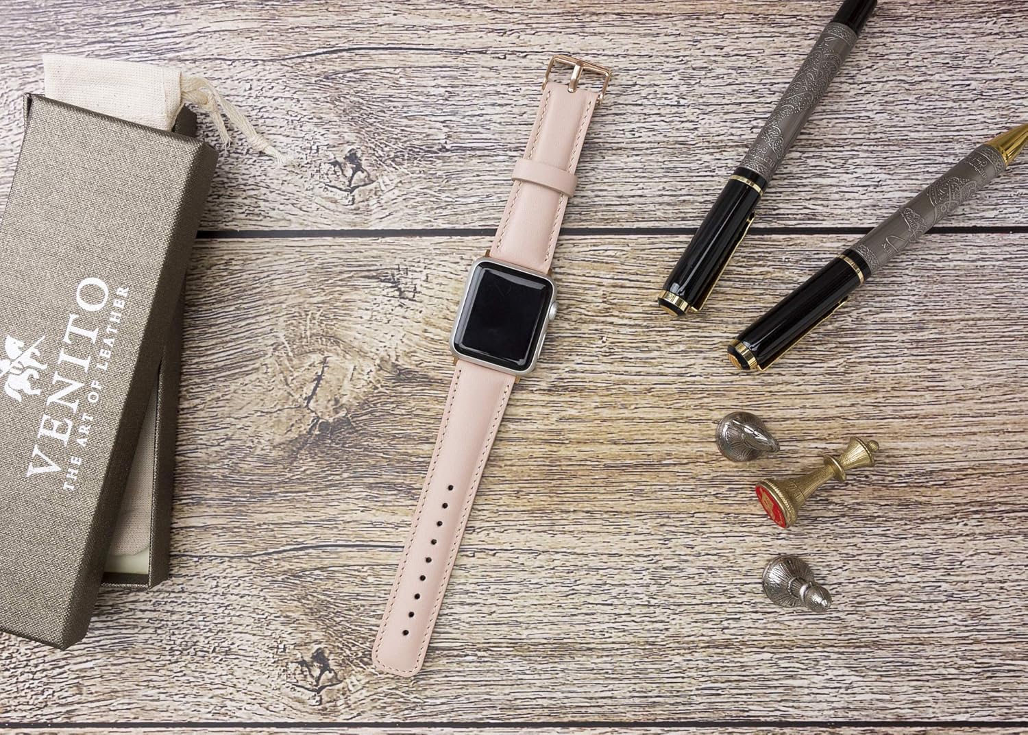 Venito Tuscany Leather Watch Band Compatible with Apple Watch 38mm 40mm - Watch Strap Designed for iwatch Series 1 2 3 4 5 6 7 SE (Nude Pink w/Rose Gold Color Connector Clasp)