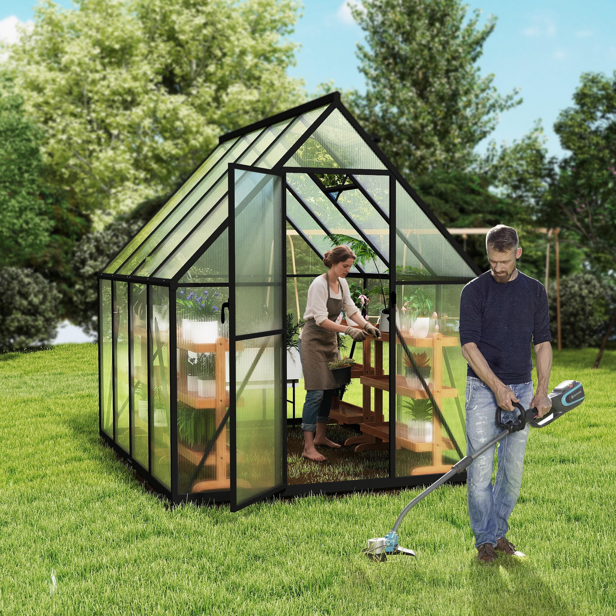 Gewächshaus mit Fundament 230x180x195 cm Tomatenhaus Treibhaus Gartengewächshaus Aluminium mit Schiebetür und Dachfenster - Stabil, Winterfest, UV-beständig