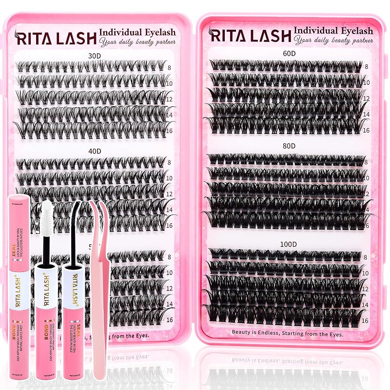 Kit de cílios postiços em tufos RITALASH com Bond & Seal e pinça, 30D+40D+50D+60D+80D+100D