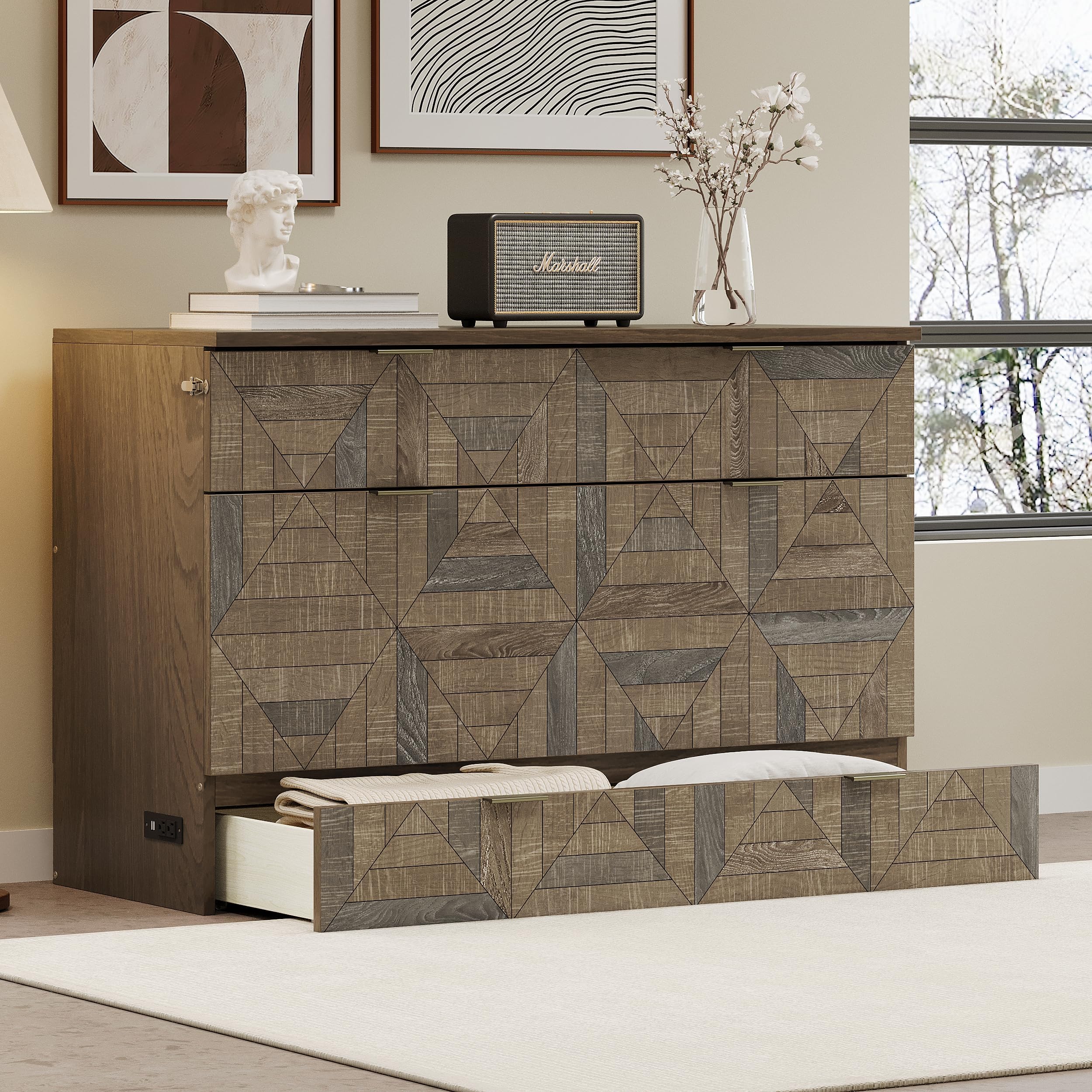 Harper & Bright Designs Full Size Murphy Bed with Cabinet, Charging Station and Large Storage Drawer, Foldable for Home Office/Living Room, Brown