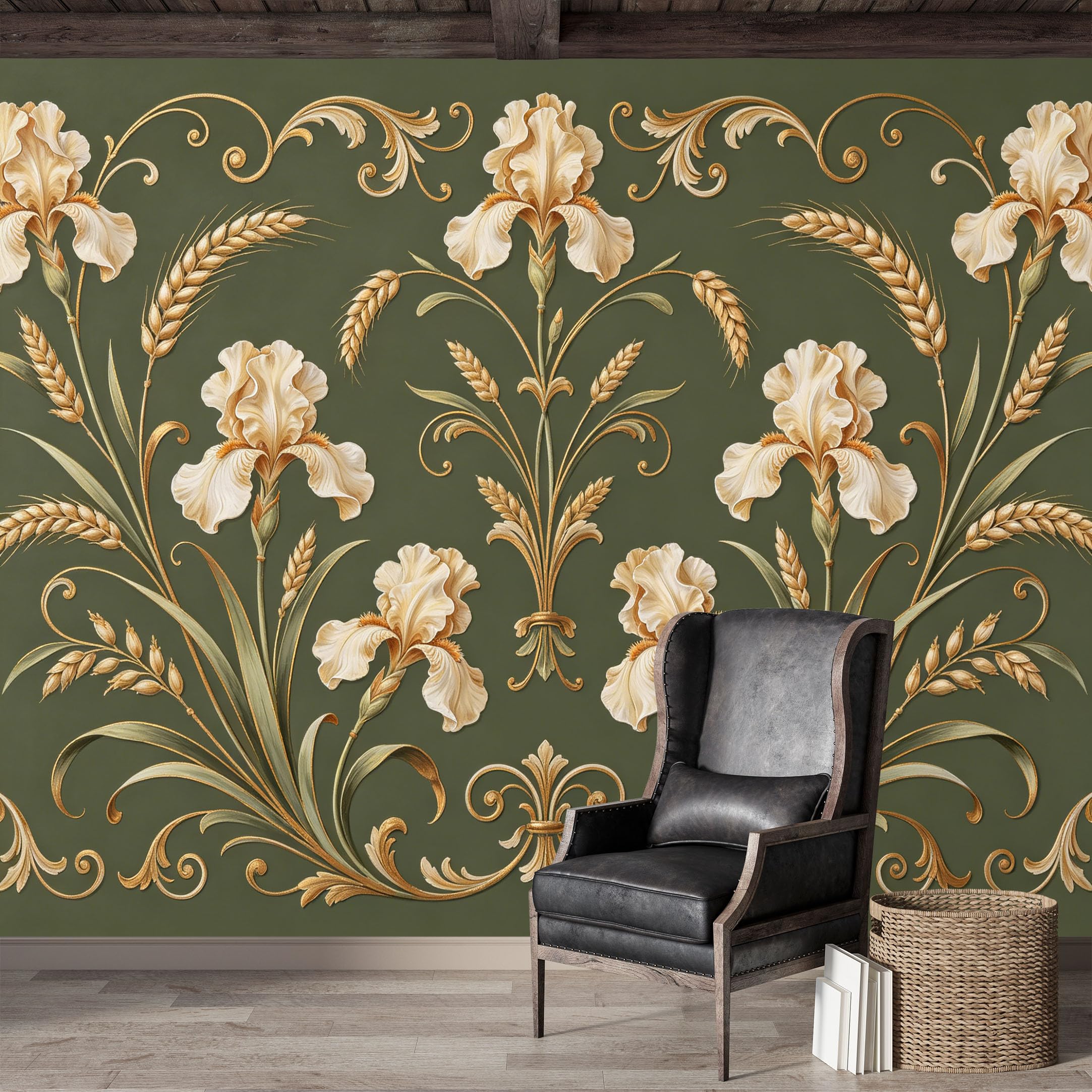 Custom Size Wall Mural,Ivory Iris Floral Wheat Botanical Ornamental Scrollwork Premium Water Activated SelfAdhesive Wallpaper,Removable Wall Covering for Indoor Home Decor