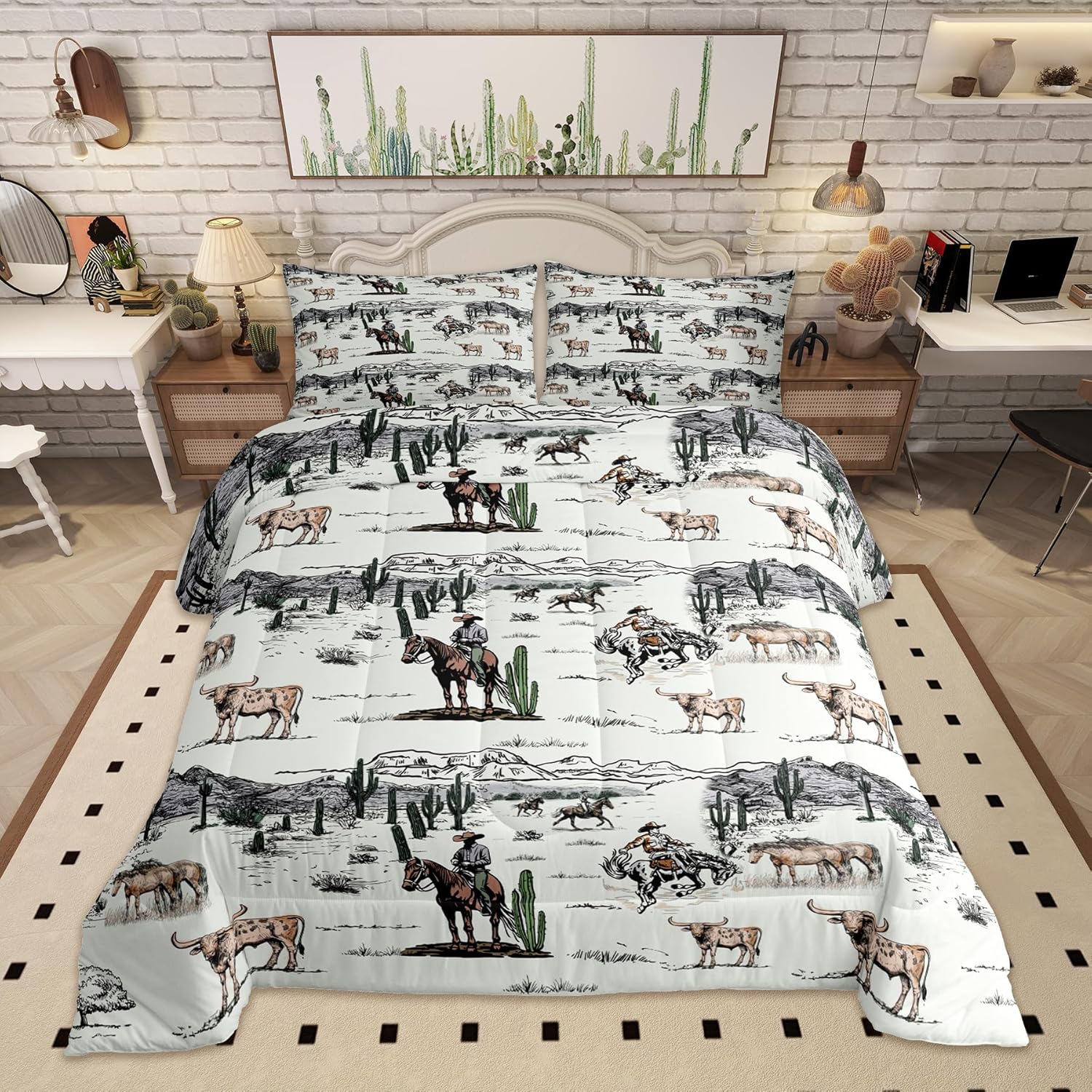 Western Cowboy Comforter Set Queen Size,Vintage Southwest Style Quilt Set Desert Cactus Cow Horse Animals Bedding Set for Kids Boys Girls Adult Room Decor,Grey Brown White Duvet Insert 3Pcs - Image 2