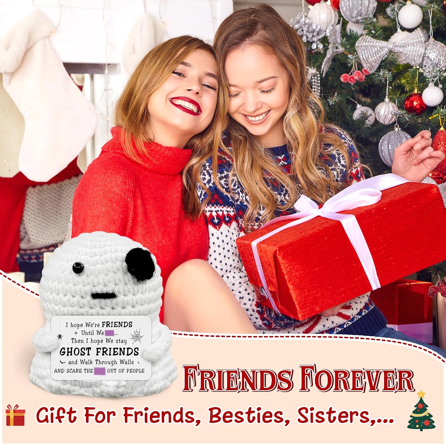 Friendship Gifts for Women - Mini Positive Ghost Crochet, Handmade Emotional Crochet Plushies Support, Funny Birthday Gifts for Friends, Besties, Sisters, White Elephant Gift Ideas