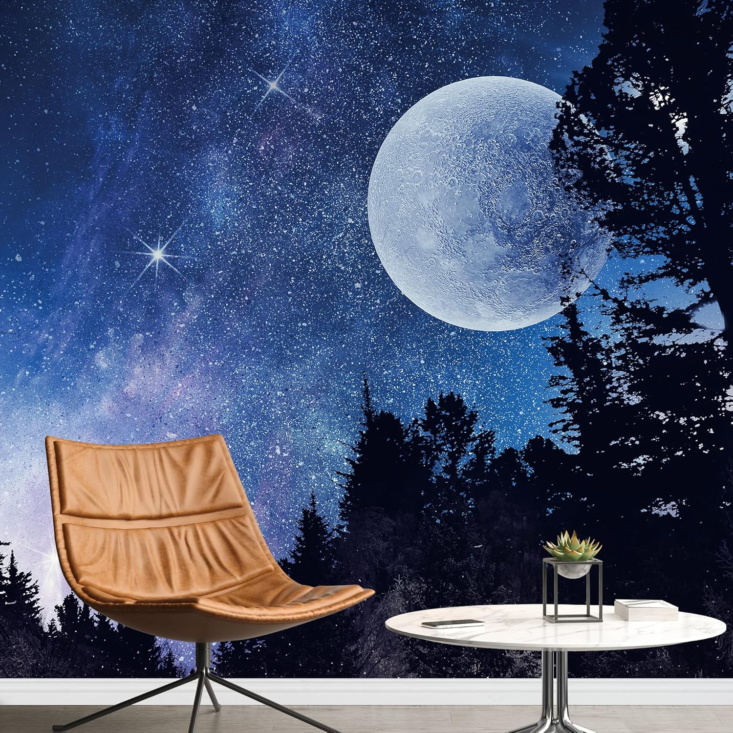 wall26 Removable Wall Sticker/Wall Mural Midnight Milky Way Galaxy Moon Forest Nature Wilderness Photography Realism Rustic Landscape Decorative Global Zen for Living Room, Bedroom, Office - 100"x144"