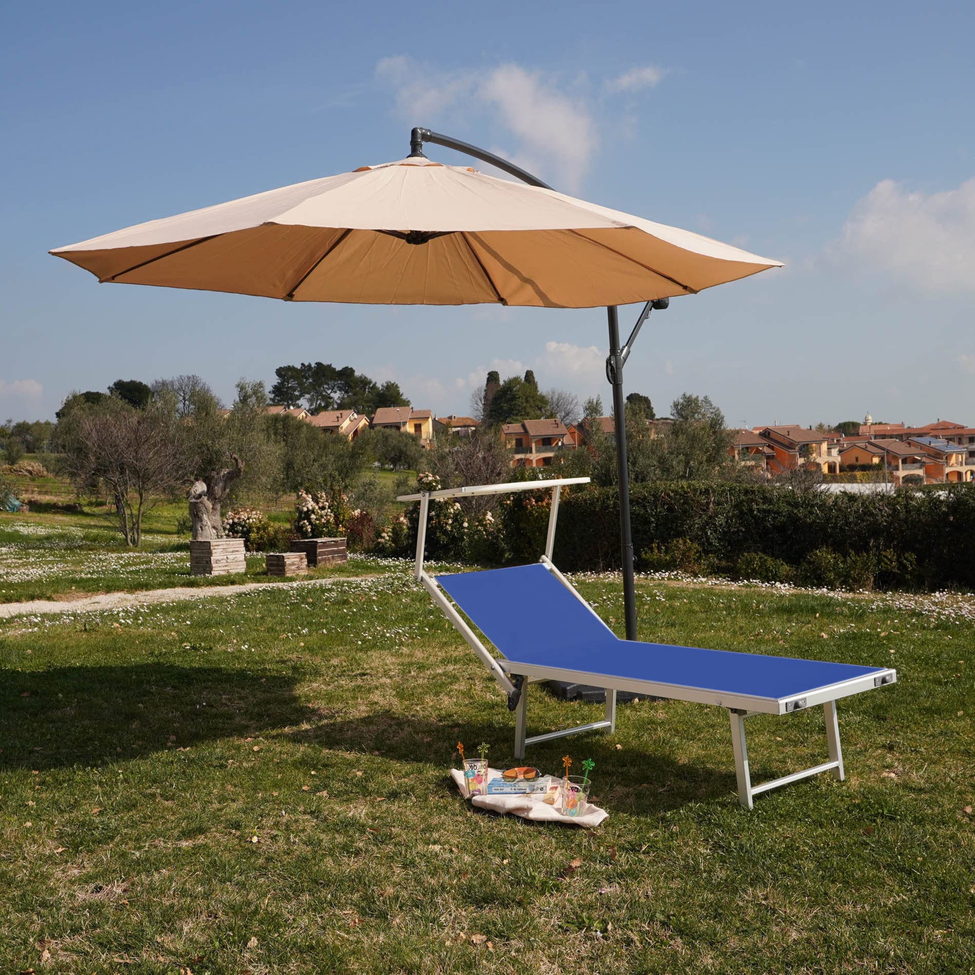 Rebecca Mobili Lettino Prendisole, Sdraio Da Spiaggia Giardino, Blu, Textilene Alluminio, Pieghevole Con Tettuccio - Misure 38x186x61 (HxLxP) - Art. RE6566