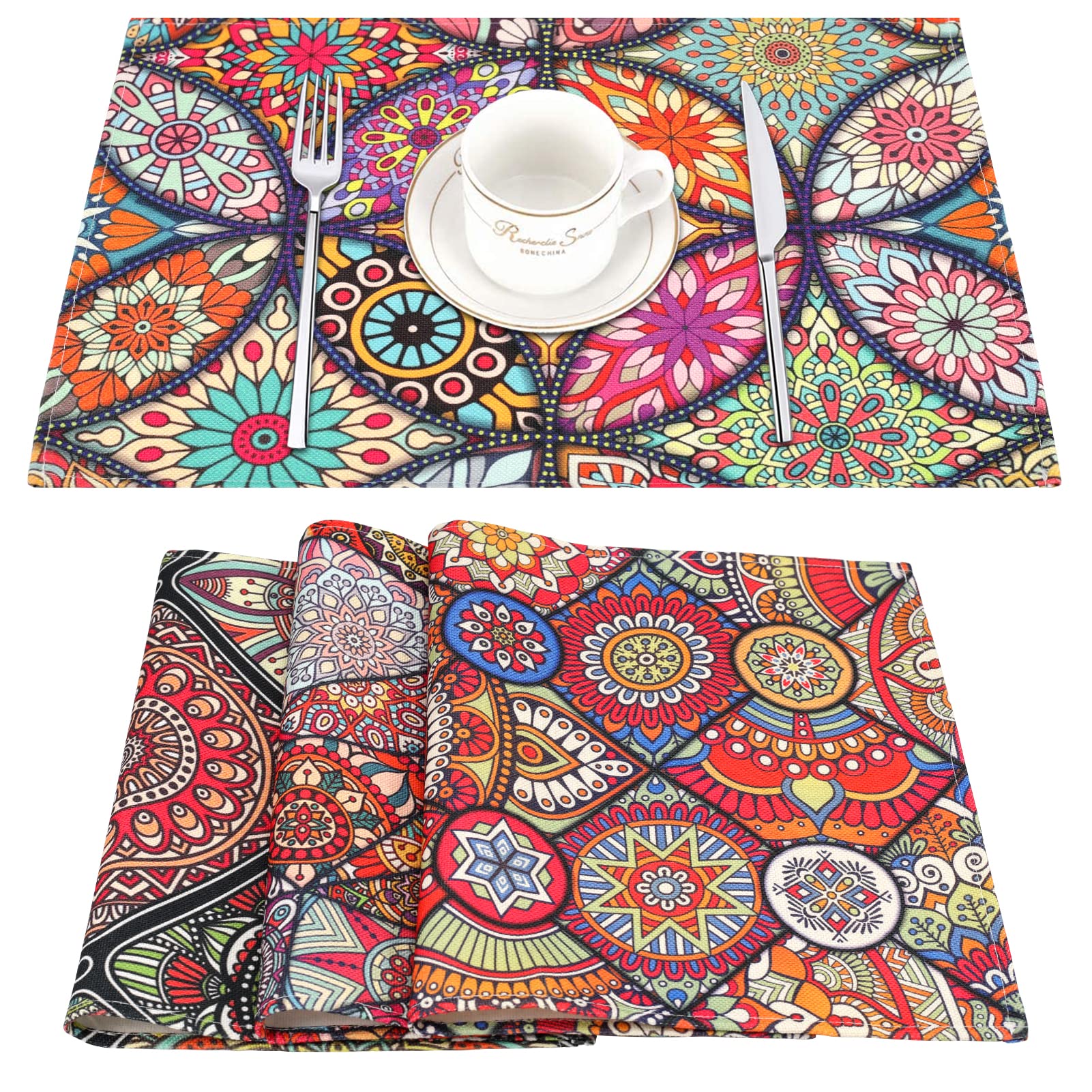 Manteles Individuales Mandala Juego De 4 Adornos Étnicos Boho Folk Lino Patrón Floral Tribal Mantel Individual Lavable Rectangular Impermeable Manteles Individuales Decoración De Comedor 45 X 32 Cm