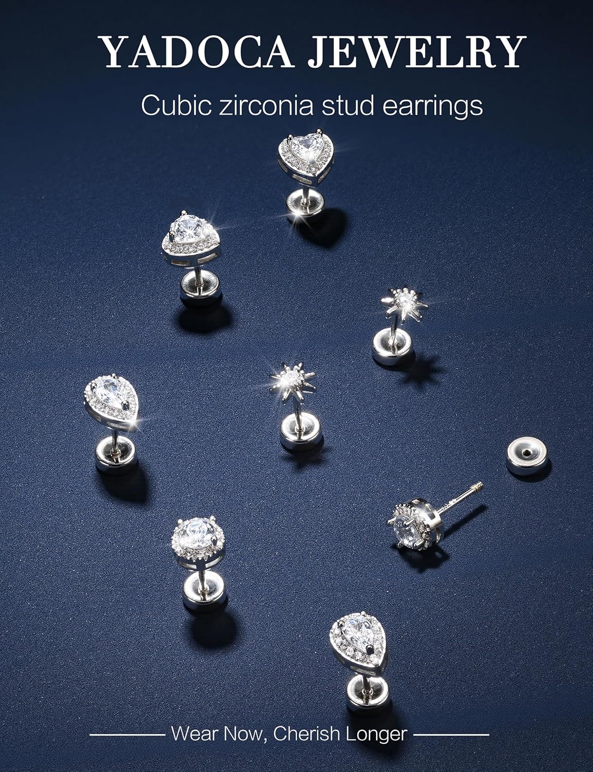 YADOCA 4 Pairs Flat Back Stud Earrings for Women Hypoallergenic 925 Sterling Silver Post Cubic Zirconia Earrings Set Halo Round Heart Square Diamond Silver Gold Studs - Image 6