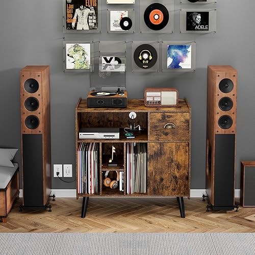 Miniatura 2 de Soporte para tocadiscos, estante de almacenamiento de discos de vinilo con toma de corriente, soporte giratorio de mediados de siglo con patas de