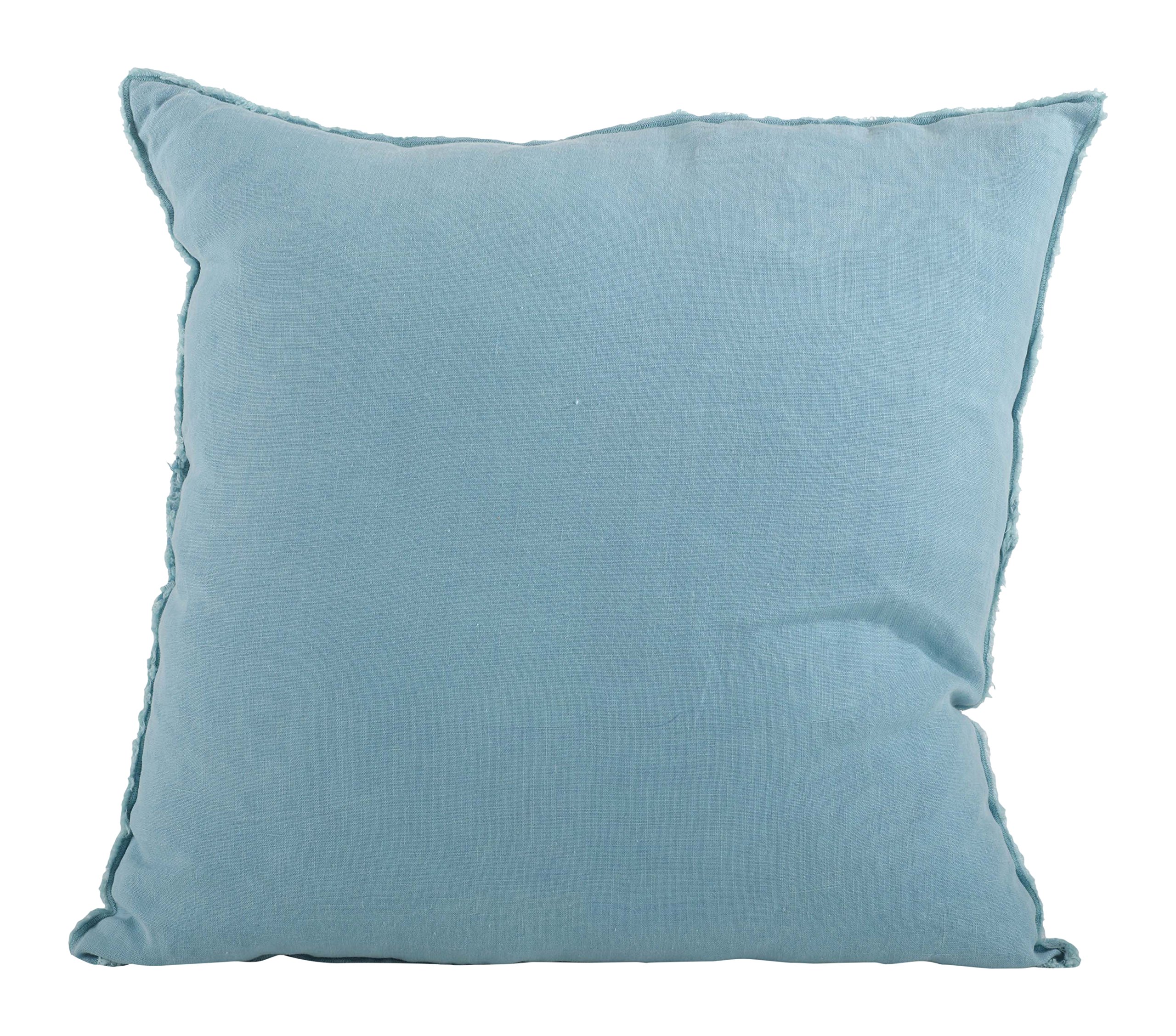 SARO LIFESTYLE Graciella Collection 100% Linen Down-Filled Throw Pillow with Fringed Edges, 20" Square, Ocean Blue