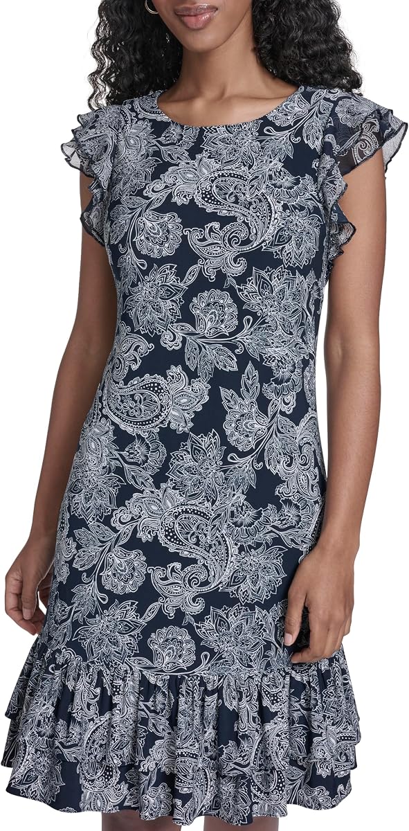 Women's Sleeveless Crew Neck Double Ruffle Hem Jersey Shift Mini Dress