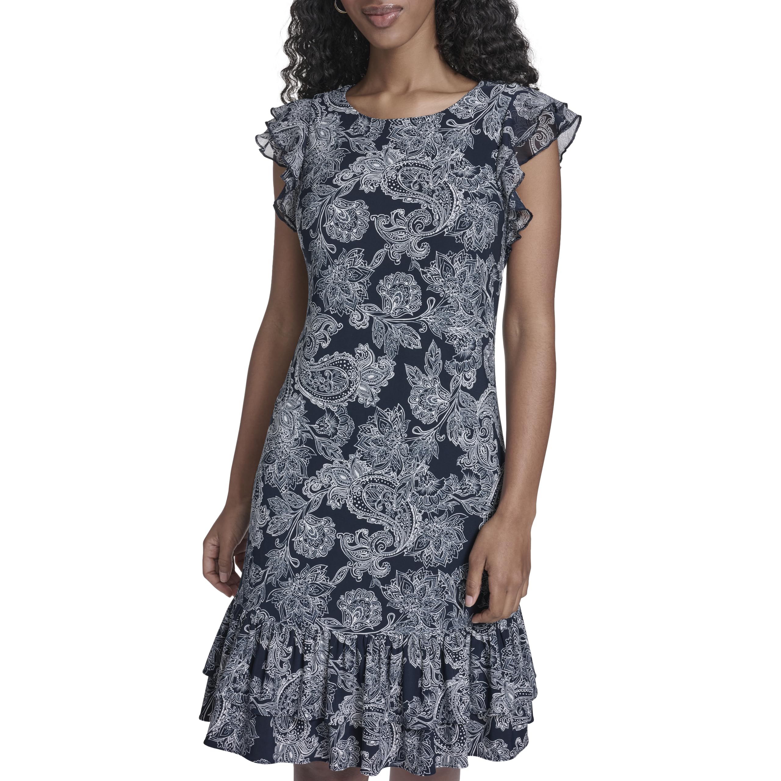 Women's Sleeveless Crew Neck Double Ruffle Hem Jersey Shift Mini Dress