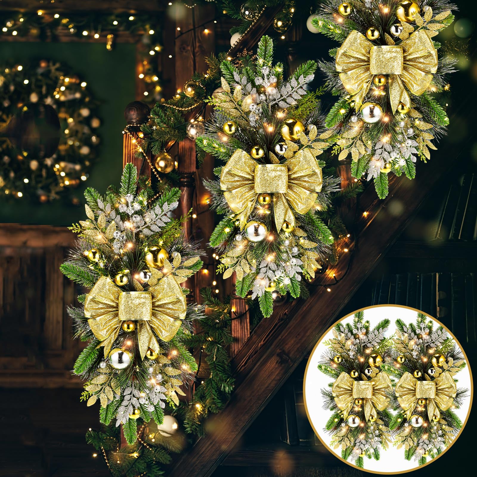 4 Pack Christmas Artificial Swags 24" Xmas The Cordless Prelit Stairway Swag Teardrop Trim Wreath Door Stair Swag Garland Christmas Swags for Outdoor Home Garden Decor (Ball)