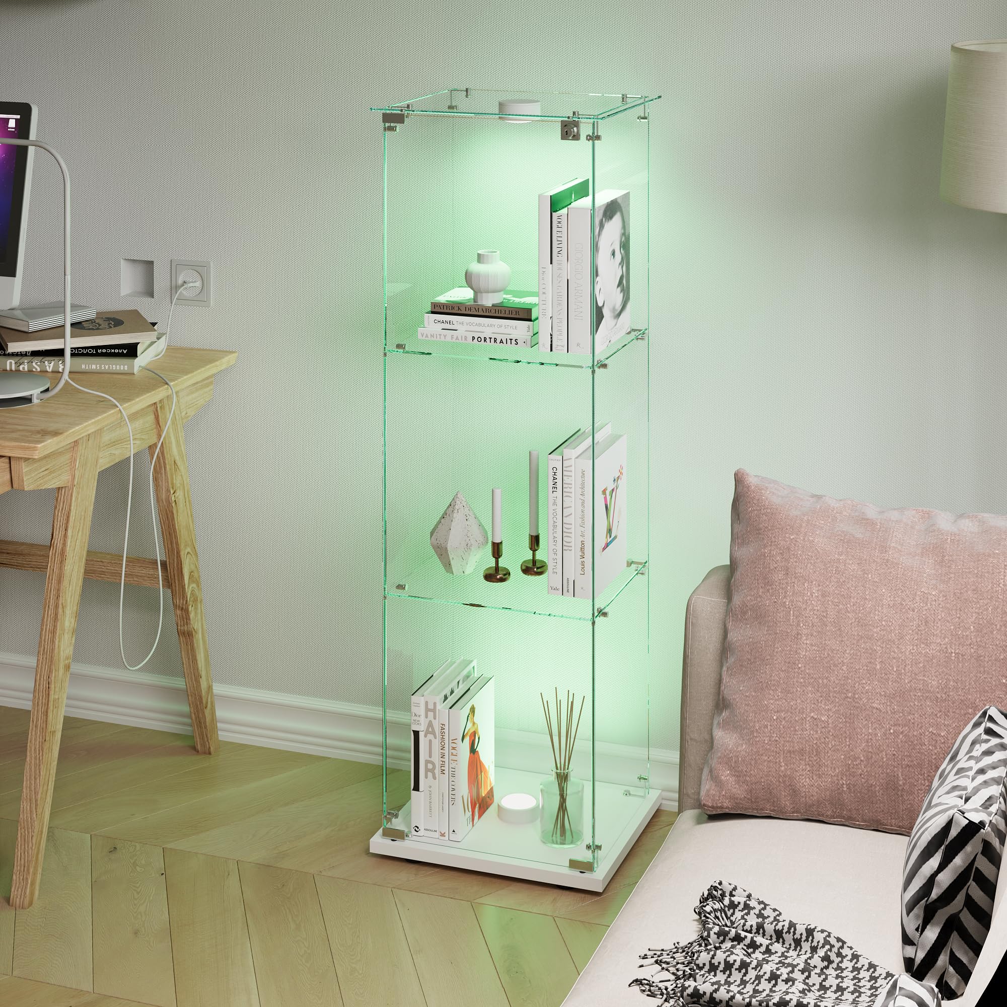 Vetrina in vetro con LED, armadio da collezione moderno con 3 ripiani 1 porta, vetrina da terra per soggiorno, camera da letto, ufficio, 123x40x35cm (bianco + porte singole + luci da pattuglia)