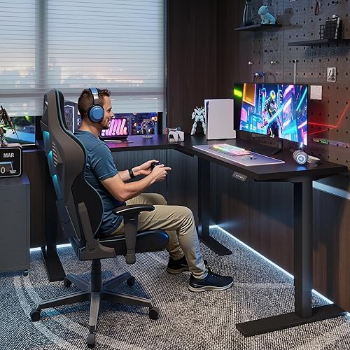 Miniatura 2 de SANODESK Escritorio de pie en forma de L de altura ajustable, escritorio eléctrico de esquina de 71 x 63 pulgadas, mesa de computadora con tablero