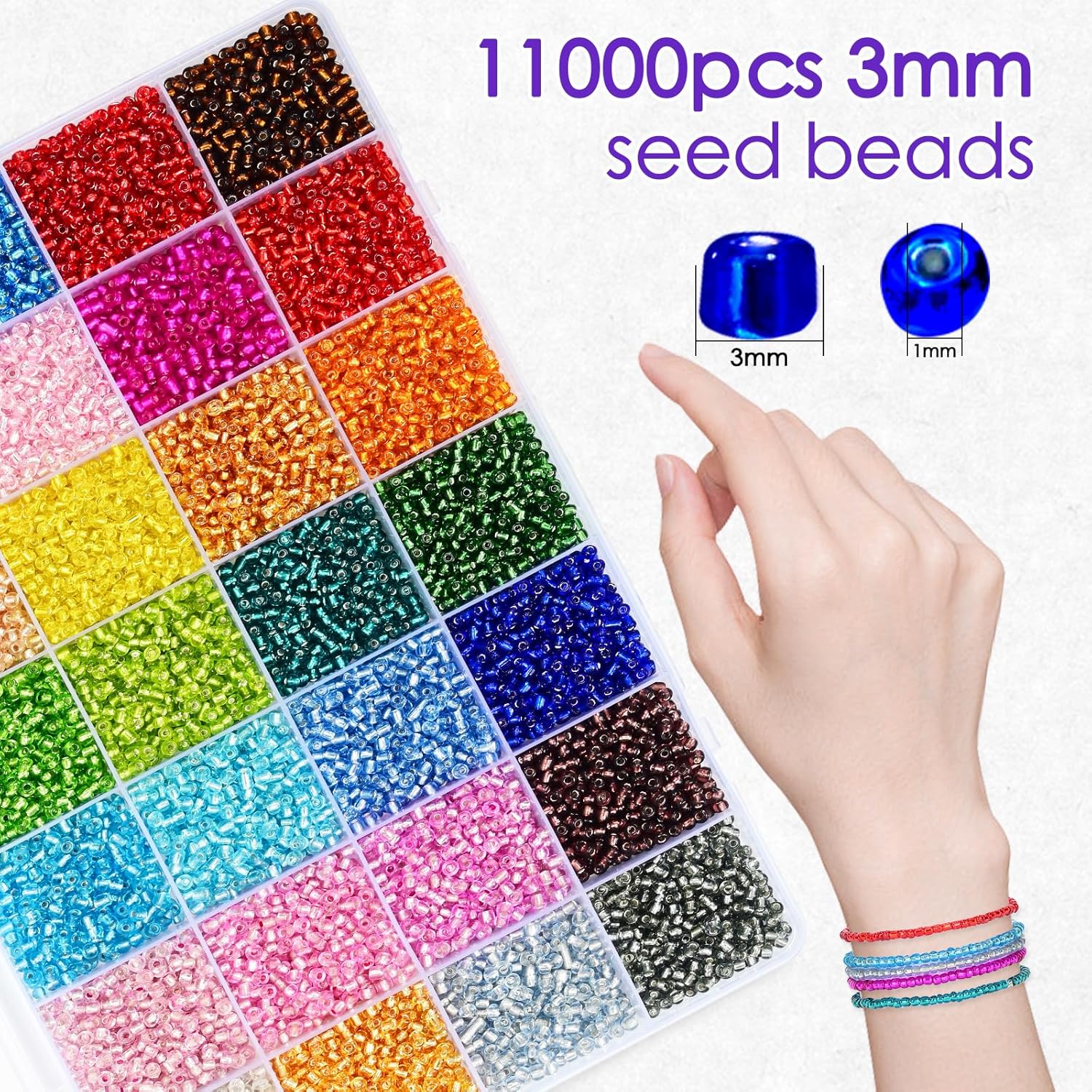 Vtssvow 3mm Glass Seed Beads for Bracelets Making, 28 Colors 11000pcs Friendship Bracelet Making Kit, Small Glass Beads for Jewelry Making (Mix 28 Color, Silver Lined) - Image 3