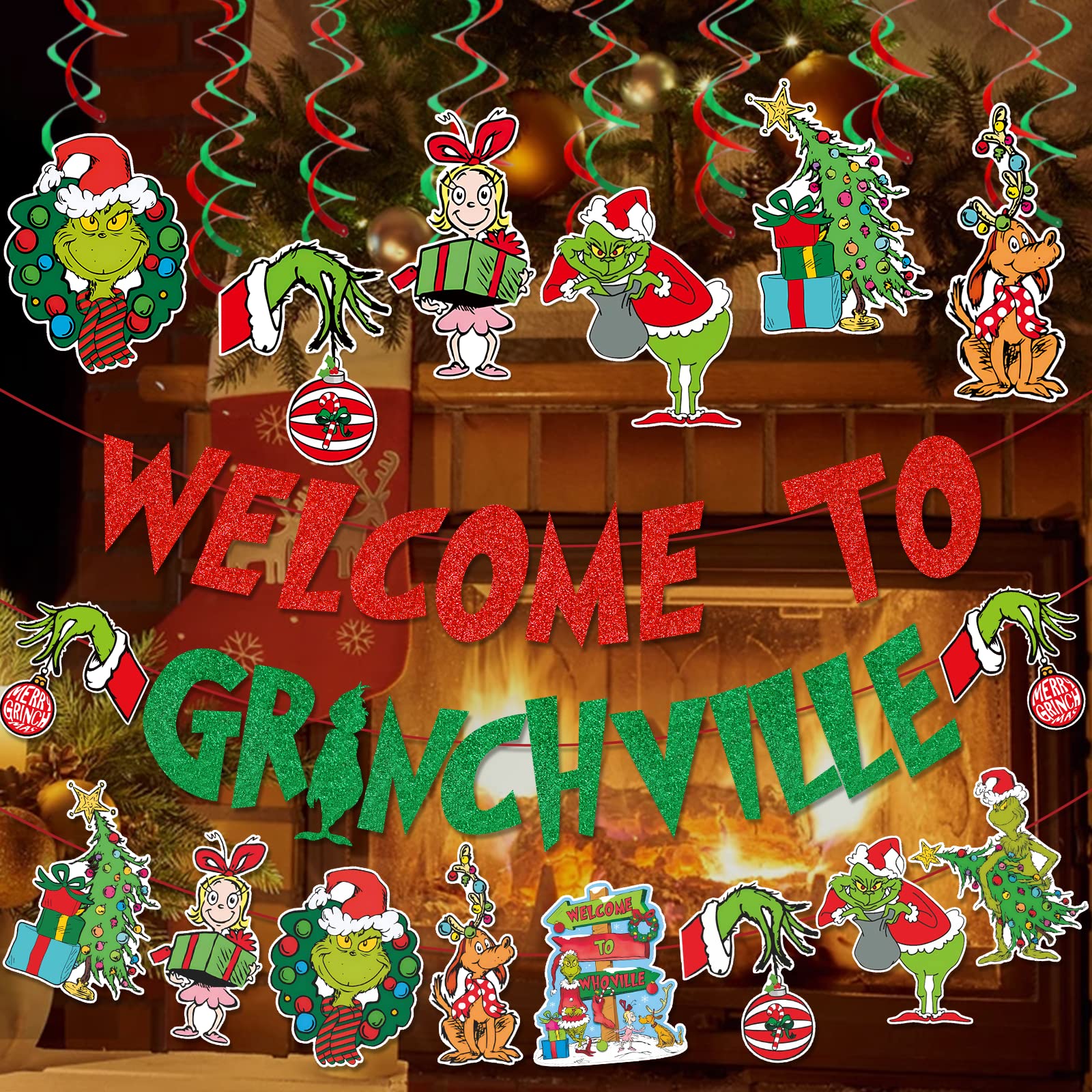 Vohado Merry Grinchmas Türabdeckung - Welcome To Whoville - Weihnachtsdekoration Für Innen & Außen (90x180 Cm)