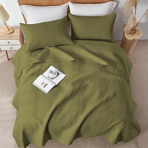 Miniatura 8 de WURUIBO Juego de edredón tamaño KingCal King, color verde oliva, colcha ligera de microfibra, colcha sólida ultrasónica en relieve, juego de ropa de