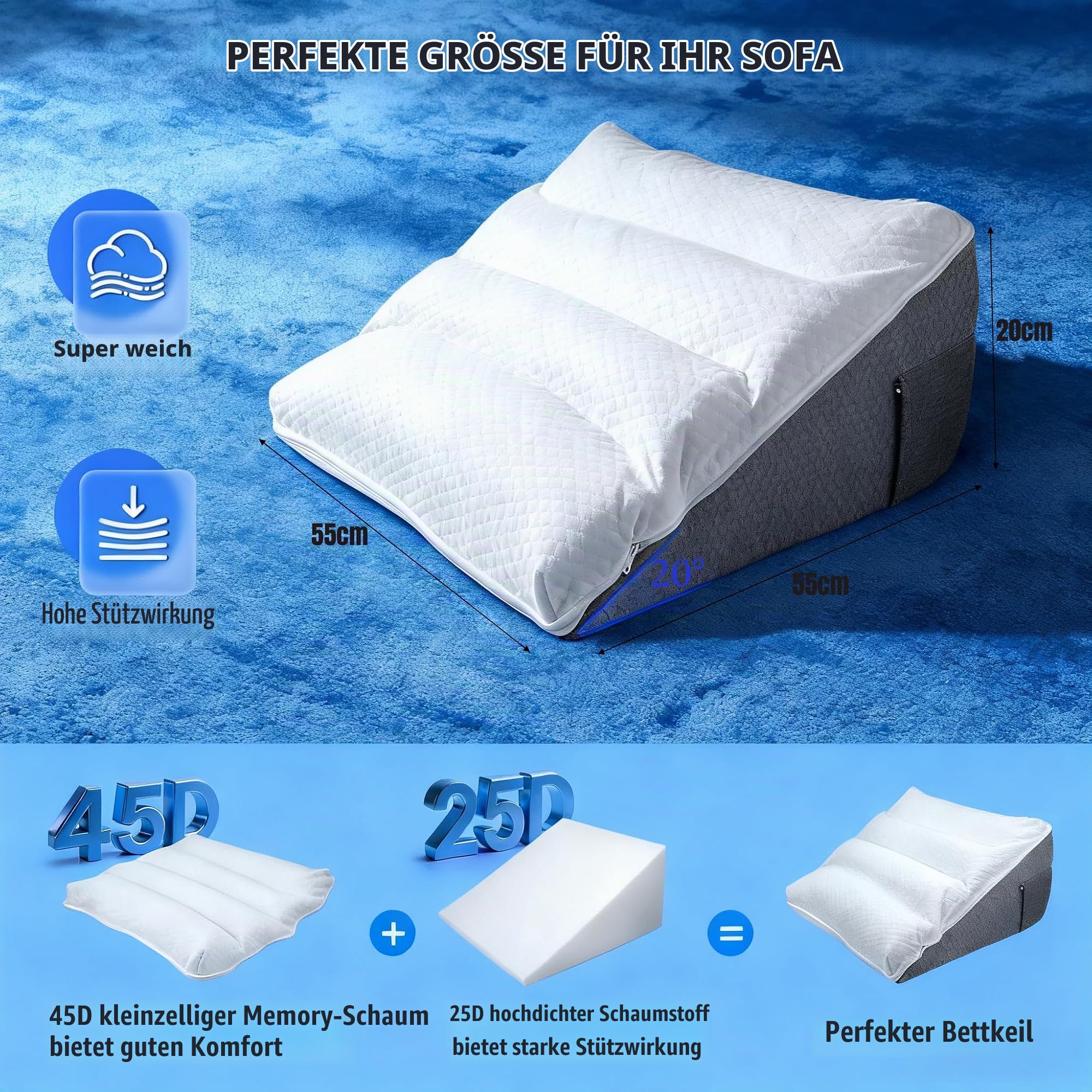 Keilkissen für Bett und Sofa, Doppelte Lesekissen zur Rückenkissen, Betterhöher, Rückenstützkissen, Kissen Hochdichteschaum Lesekissen für Rücken, Beinen und Knien Spielen (Unabhängige)