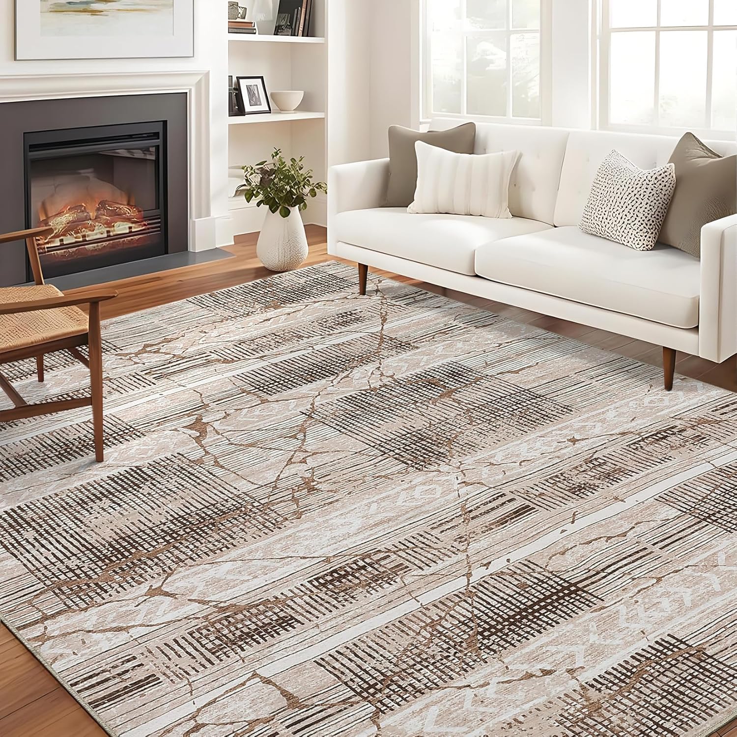 9x12 Area Rugs Living Room Rug, Large Machine Washable Marble Distressed Boho Farmhouse Rug Neutral Ultra Thin Indoor Floor Carpet for Bedroom Dining Room Office Playroom Dorm Classroom, Light Brown Light Brown 9'x12'