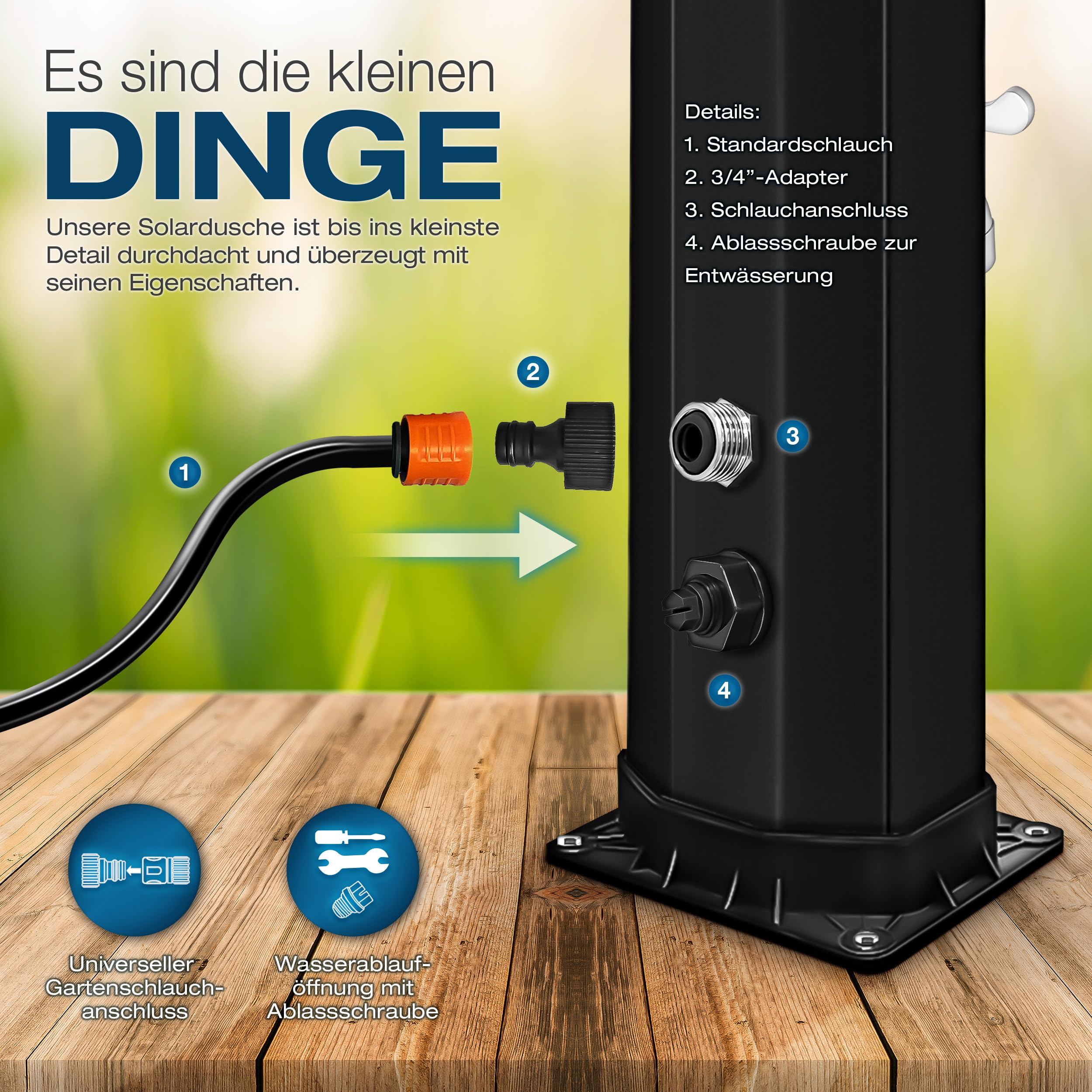 tillvex Solardusche 60 Liter inkl. Abdeckung | Solar Garten-dusche warmes Wasser | Pooldusche Camping | ohne Stromanschluss | mit Wasserhahn | Gartenschlauch-Anschluss