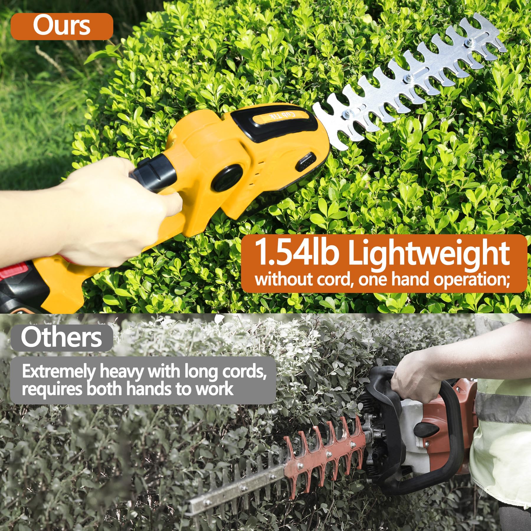 Heckenschere Kabellos mit Akku und Ladegerät 21V Elektrobürste Grasstrauchschneider 2 in 1 Handheld Mini Grasschere Grasschneider Akkubetriebene Heckenschere Gelb