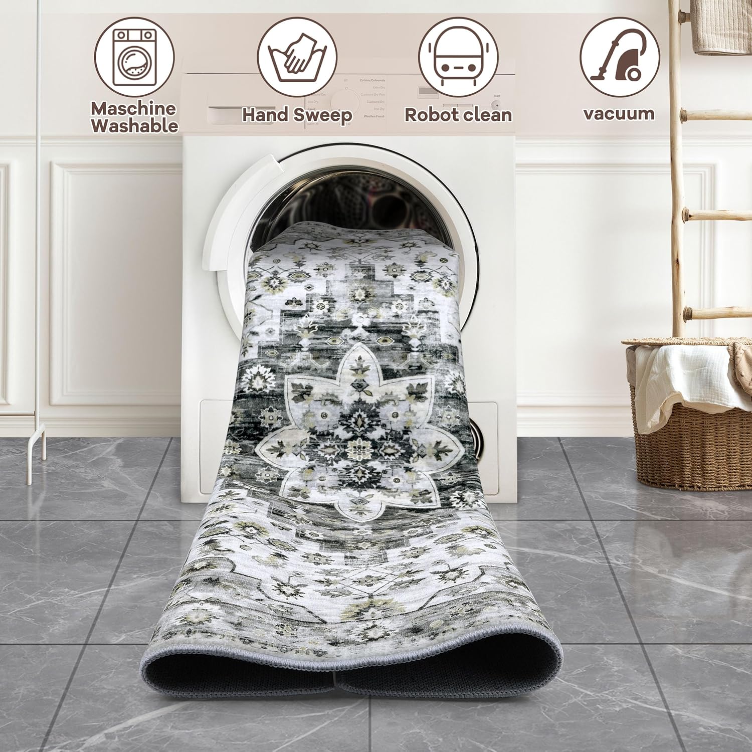 Washable Boho Area Rug 2x3ft Vintage Front Door Rug Non-Slip Soft Indoor Doormat Small Oriental Rug Low Pile Door Mat Bohemian Carpet for Entryway Living Room Kitchen Bedroom Bathroom (Fossil)