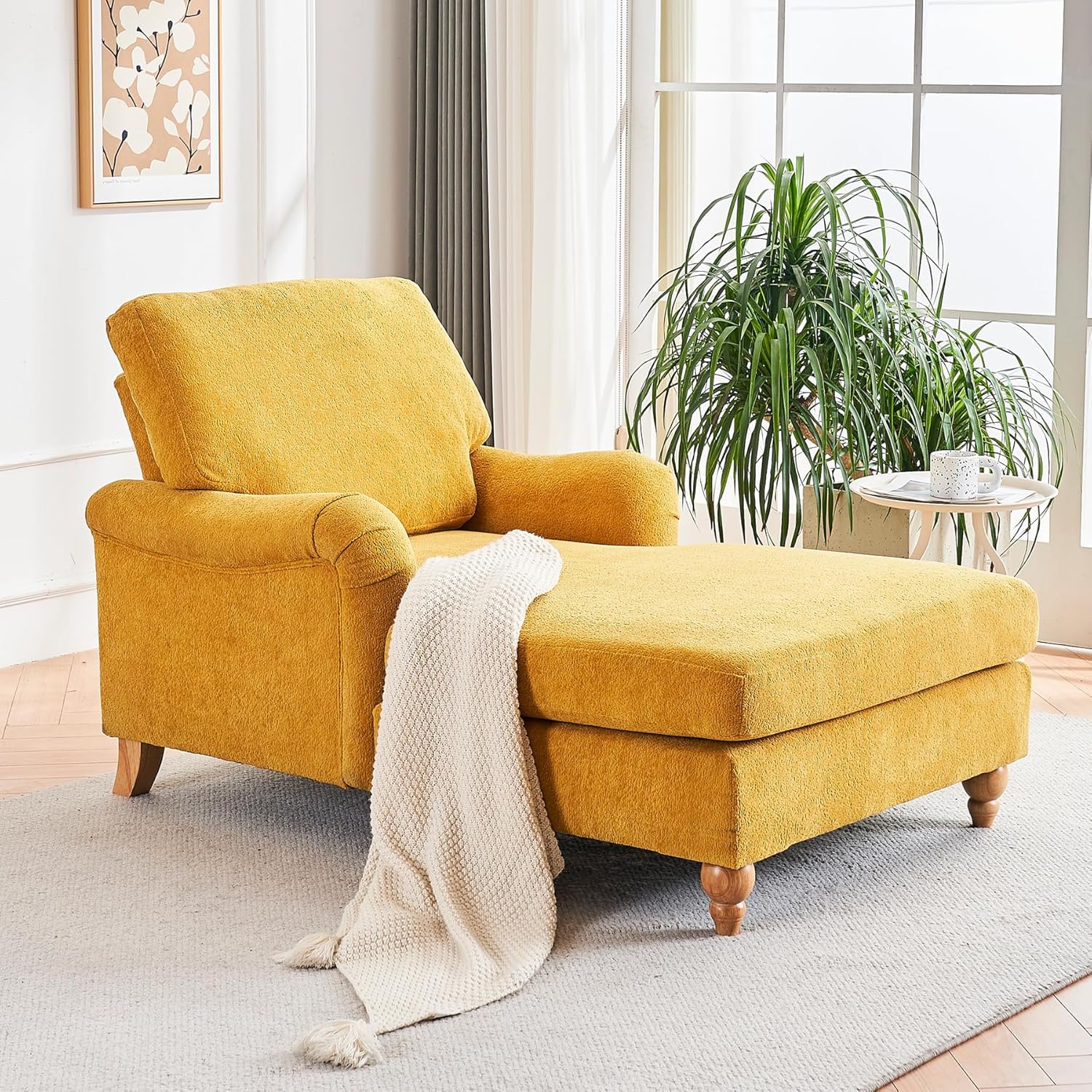 Chaise Lounge Chair with Adjustable Backrest, Modern Chenille Recliner Chair for Living Room, Comfy Upholstered Indoor Sleeper Sofa Bed with Rolled Arms for Bedroom, Apartment, Office, Yellow